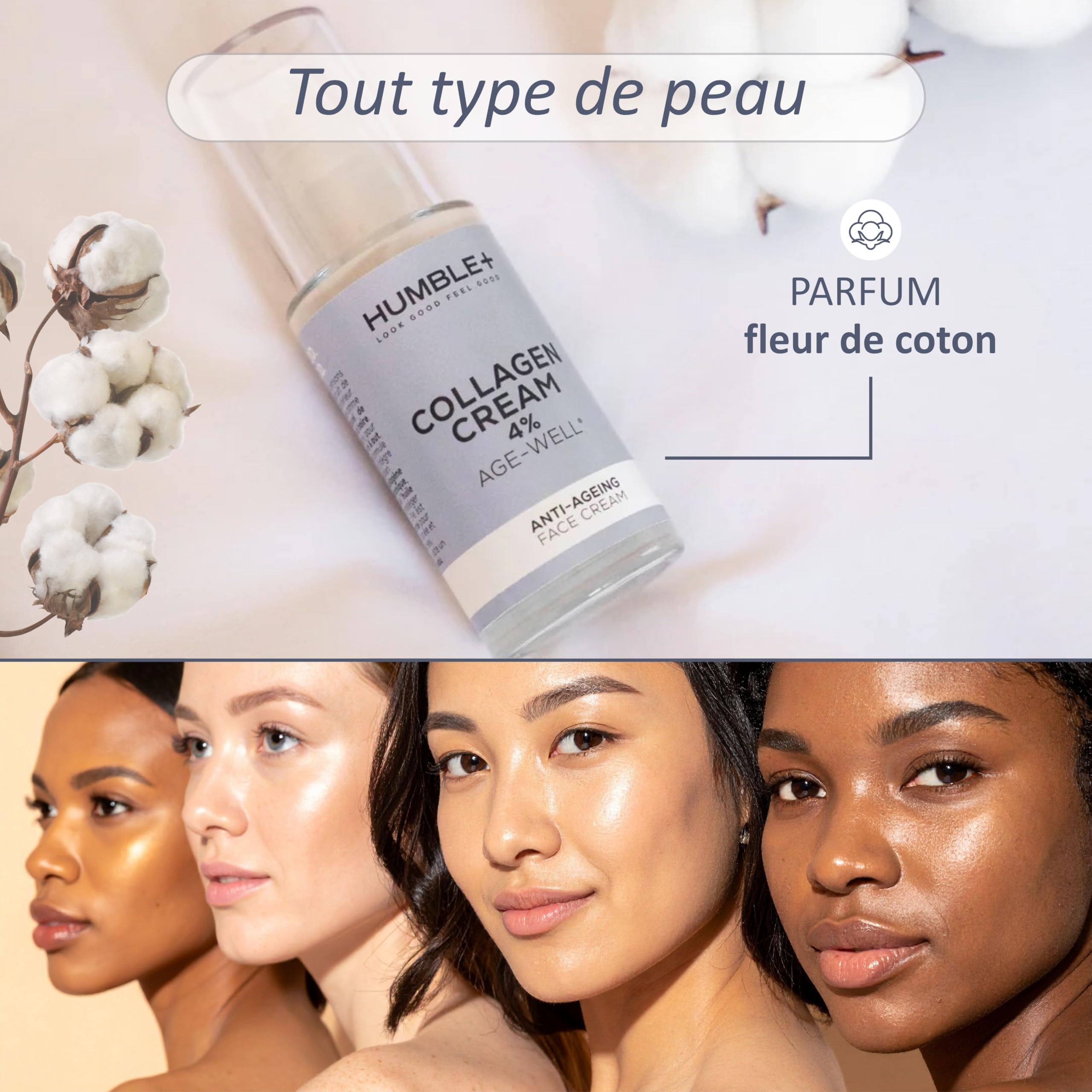 HUMBLE+ Crème Collagène Marin 4% – Crème Anti-Âge Visage Hydrolysed Marine Collagen + Acide Hyaluronique, Huile d’Argan & Jojoba – Rides Réduites, Fermeté & Éclat – 50 mL