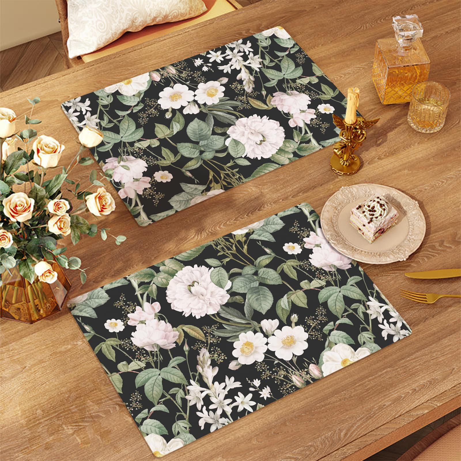 WRAPAHOLIC 50 hojas de manteles individuales de papel floral, desechables de 11 x 17 pulgadas, manteles individuales decorativos florales negros para mesa de comedor, suministros de fiesta
