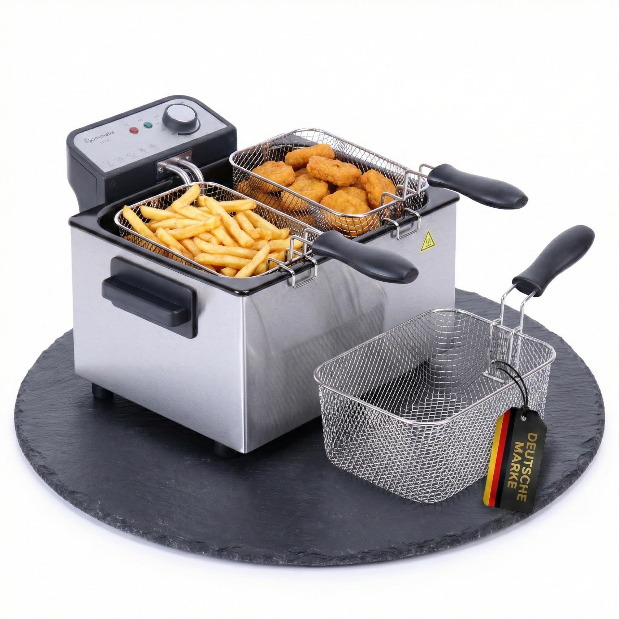 Sommertal Freidora Doble XXL con aceite o grasa - 3 cestas, 5 litros, 3000 W, zona fría, DF3270 - Freidora de acero inoxidable auténtica para patatas fritas crujientes