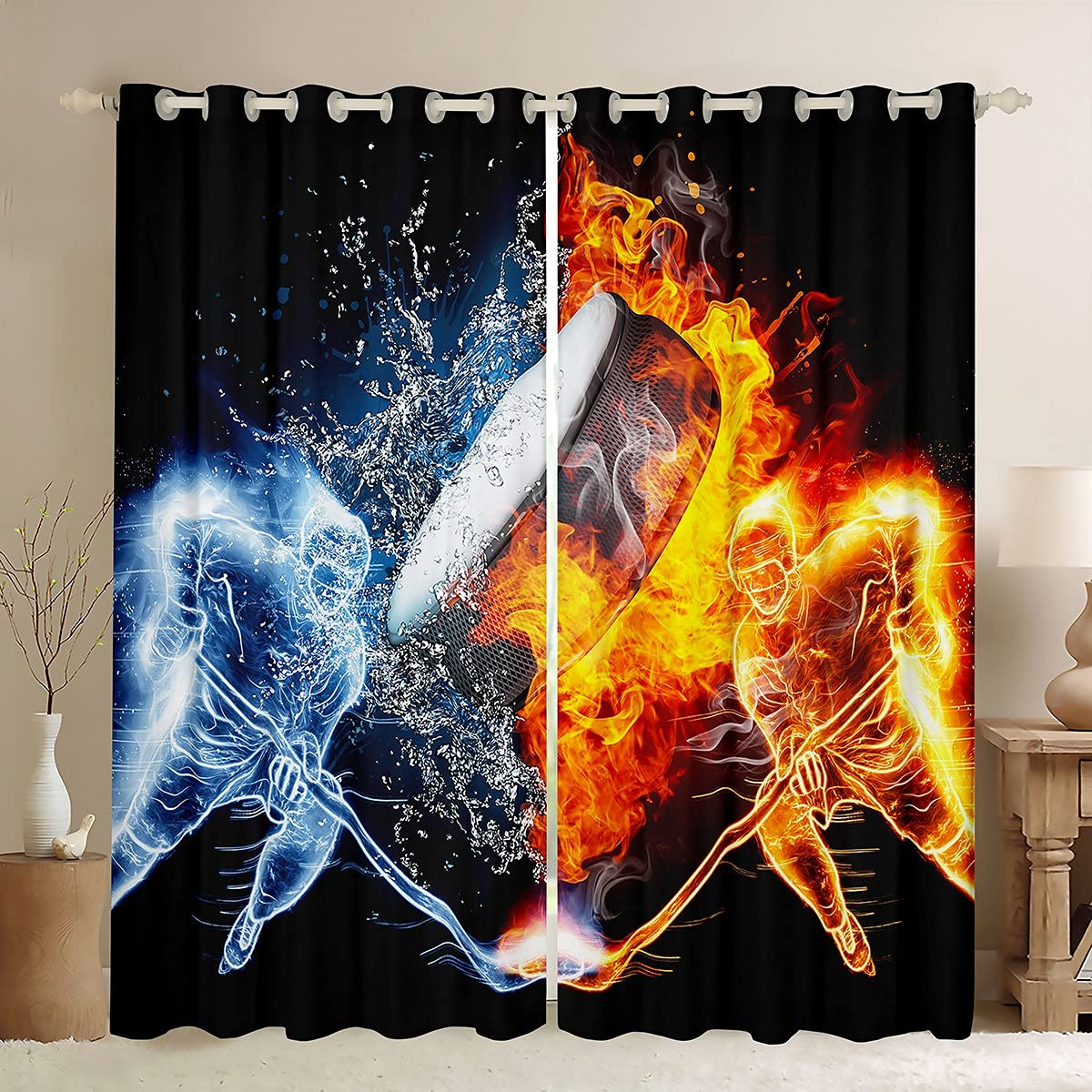 Loussiesd Eishockey Vorhänge Eishockeyspieler Blickdichte Vorhänge für Kinder Jungen Mädchen Puck Sport Thema Fenstervorhang 245x140cm Wintersport Hobby Zimmer Dekor