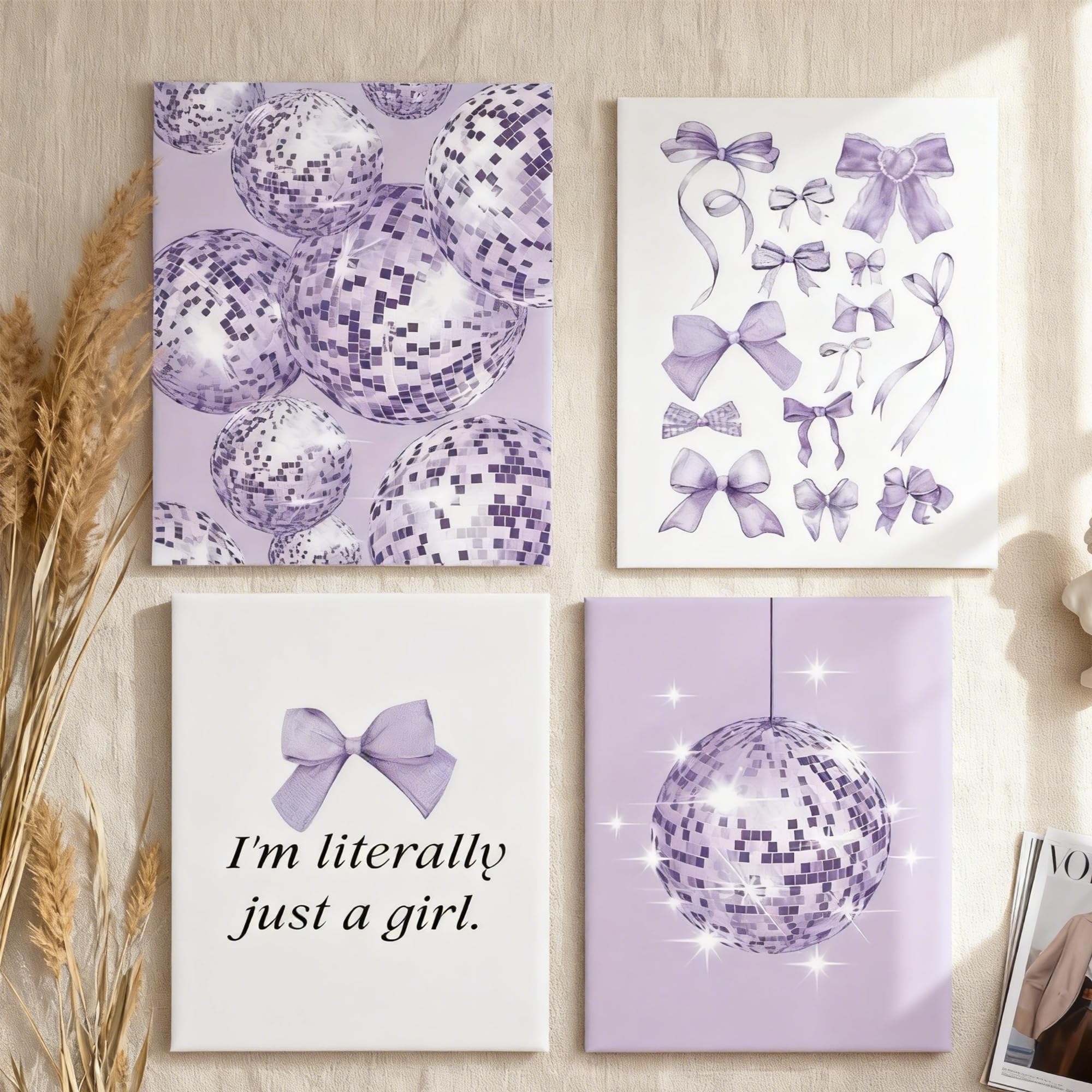 DWUENT Preppy Room Decor, Aesthetic Posters for Bedroom,Purple Disco Ball & Bow Wall Art Set of 4 - Unframed Canvas Prints for Girls Bedroom,Dorm, Living Room (20x15cm,Oil Painting Canvas)