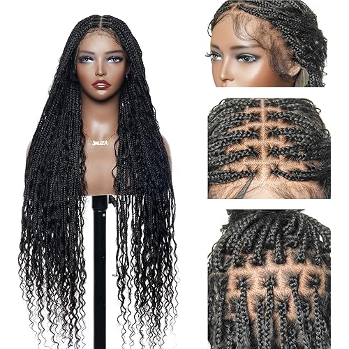 Human Hair Boho Curls Hand-Tied HD Full Lace Wig - 36" Salon-Level Small Box Synthetic Braids (100 Braids, High Density) Pre-Cut Swiss HD Lace, Pre-Plucked, Knotless, Tangle-Free - Black 1B