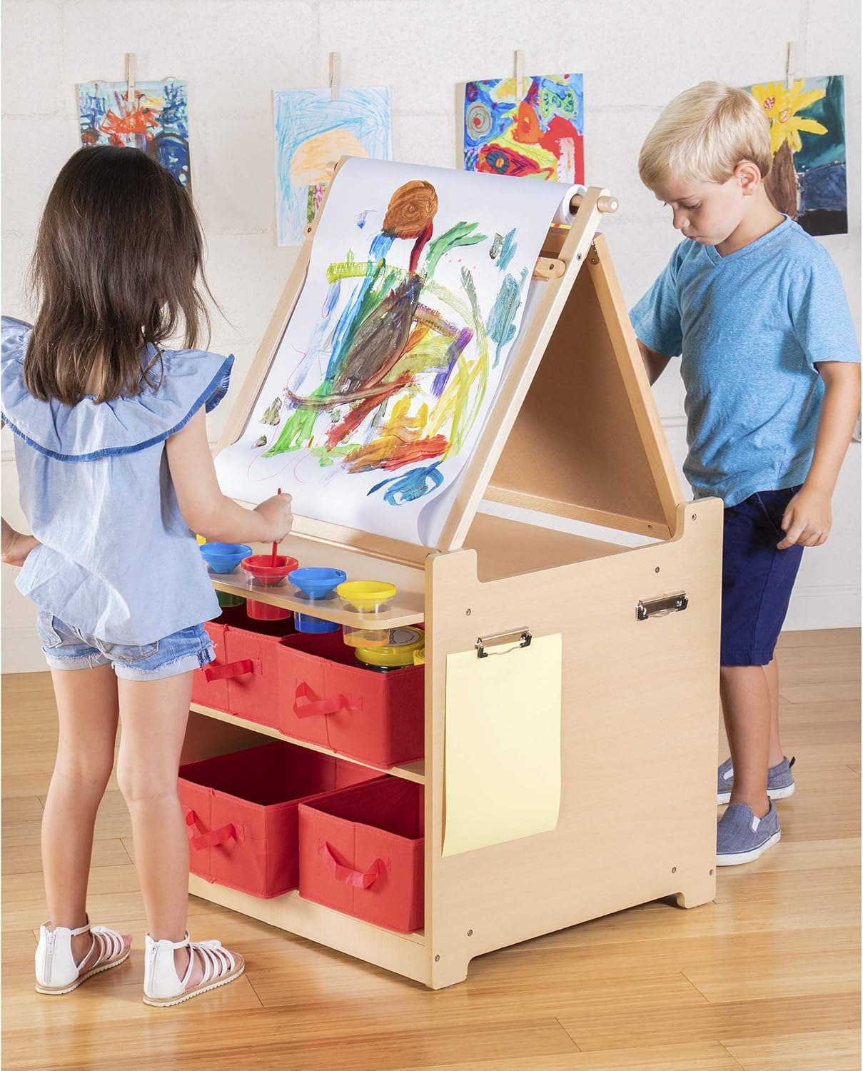 Guidecraft Kids Desk to Easel Art Cart: 2-in-1 Foldable Wooden Kids Easel w/Paper Roll, Whiteboard, Shelves, Fabric Storage Bins | Craft Desk & Art Supplies Storage Organizer for Preschool Classrooms