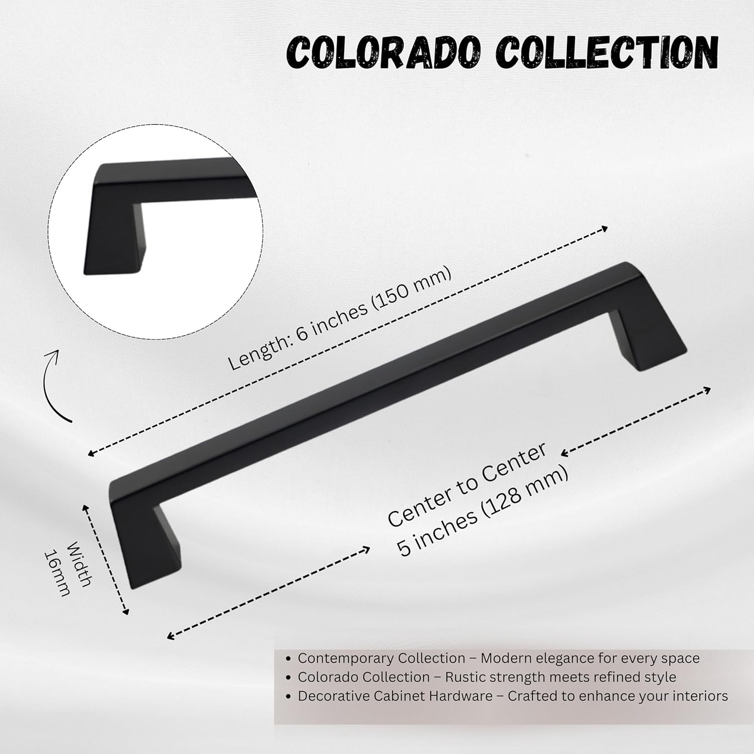 6 Inch Drawer Pull, Colorado Square Cabinet Pulls, Zinc Alloy Kitchen Cabinet Hardware, 5 Inch Center to Center, with Mounting Screws. (10, Matt Black)