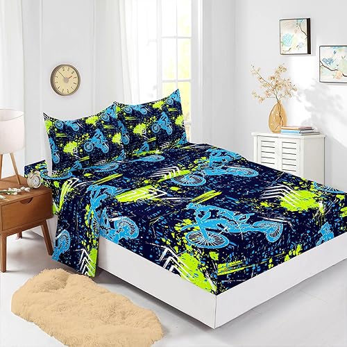 Miniatura 3 de Axolotl Juego de sábanas de motocross tamaño individual, juego de ropa de cama para motociclista, sábana encimera para motociclista, sábanas