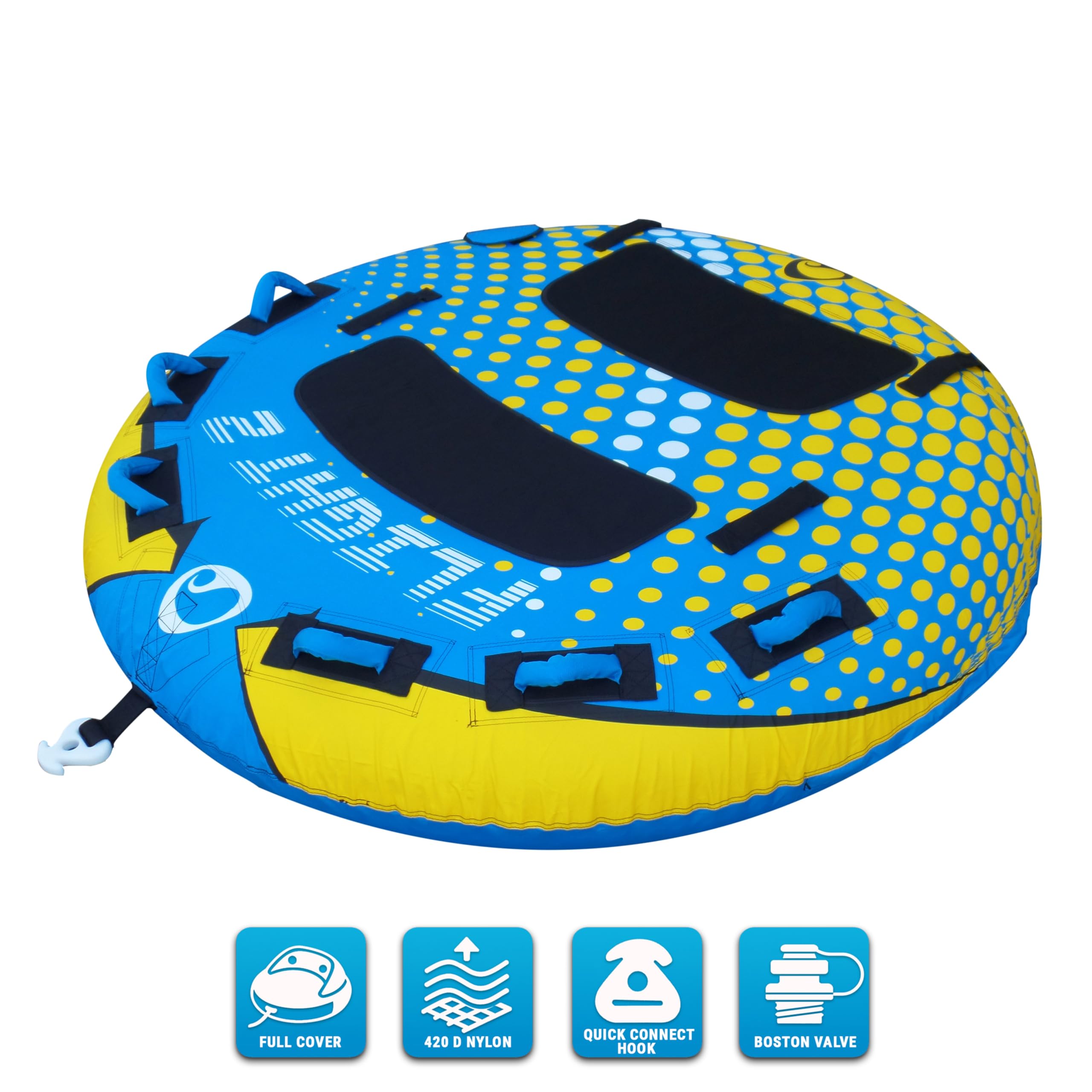 SPINERA Flight Towable Tube 1–4 Personen – Aufblasbarer Wasserreifen für Boot, Full Covered, 420/840 Denir,Eva-Polster, Boston Valve – Quick Connector Hook, Acttion 100%
