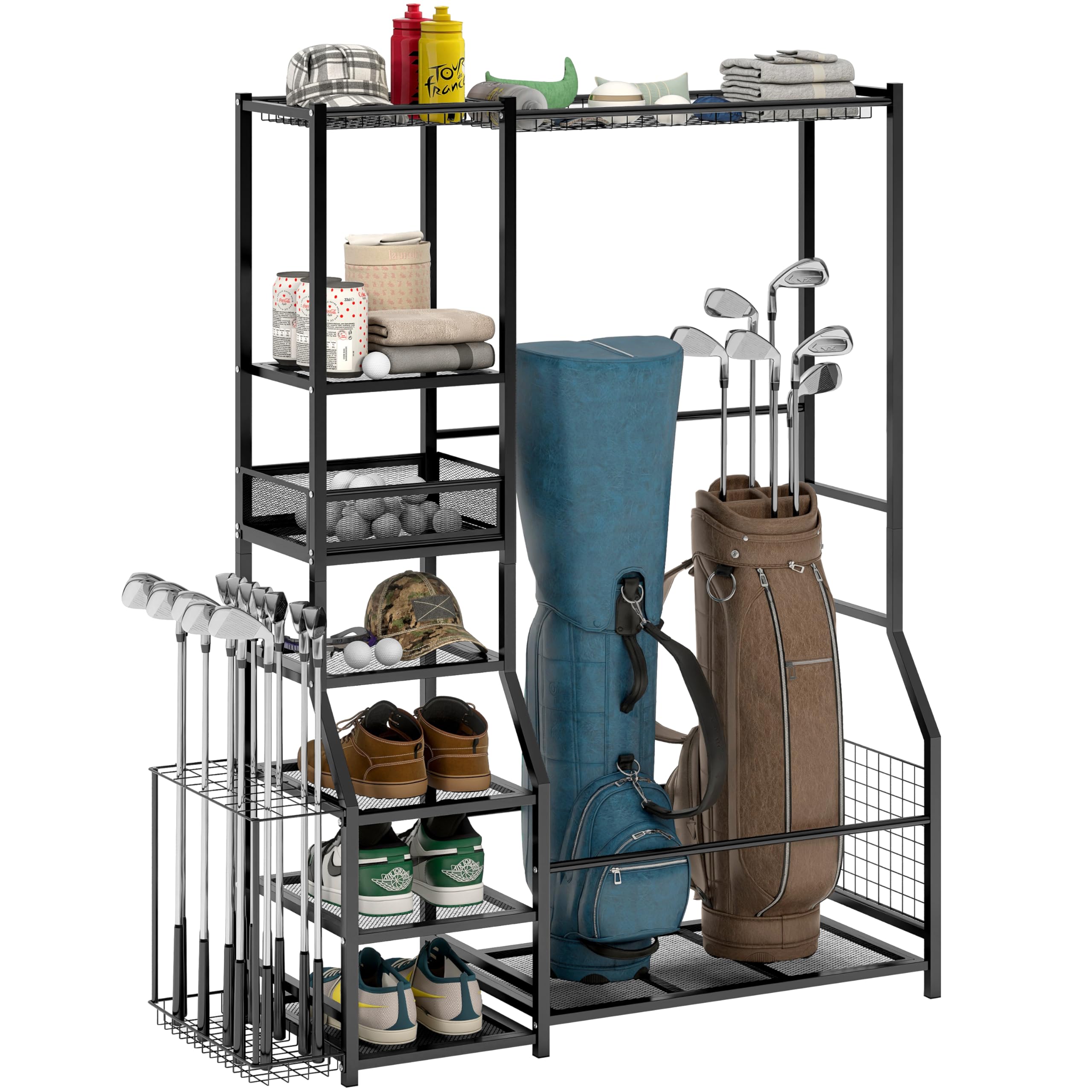 Golf Bag Storage Garage Organizer, 2 Golf Bags Storage Stand and Golfing Equipment Accessories Storage Stand and Other Golfing Equipment Rack, Extra Golf Clubs Display Rack