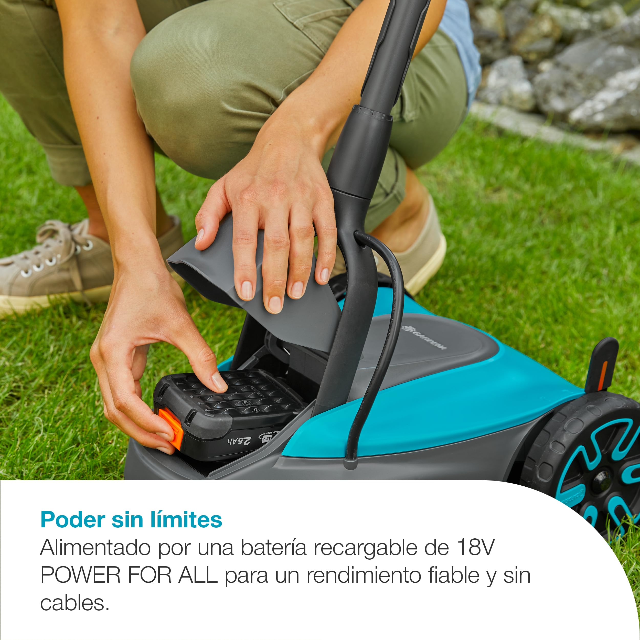 Gardena Set listo para usar cortacésped a Batería 22/18V P4A: Pequeño, Ligero, Cuchilla de mulching, Céspedes de hasta 50 m², Sin cable (14620-20)