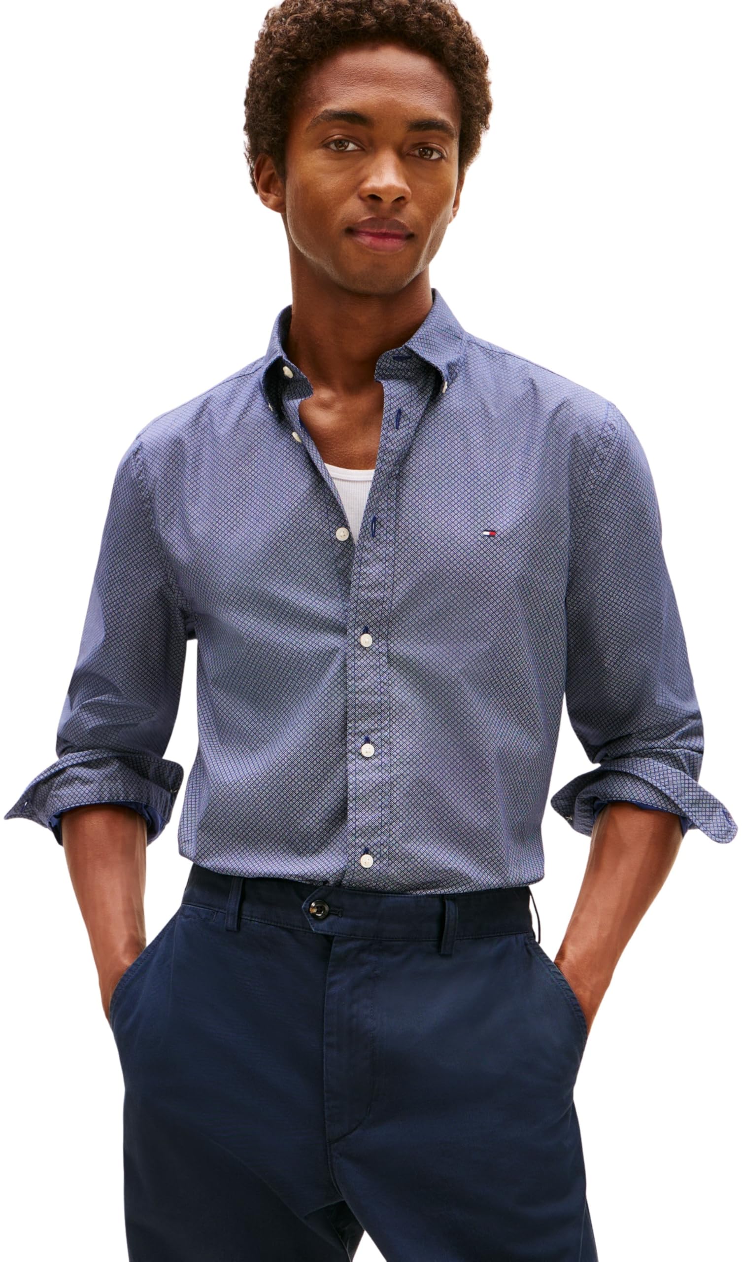 Tommy Hilfiger Men's Long-Sleeve Poplin Print Patterned Shirt Blue Extra Large