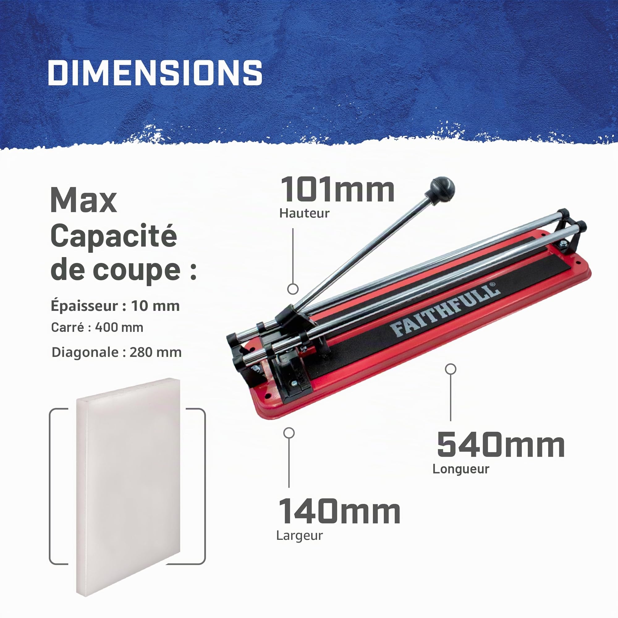 Faithfull Coupe-Carreaux 400 mm – Coupe-Carreaux Manuel à Double Rail pour carrelage Mural, de Sol et de grès jusqu'à 400 mm de côté, 280 mm de Diagonale et 10 mm d'épaisseur