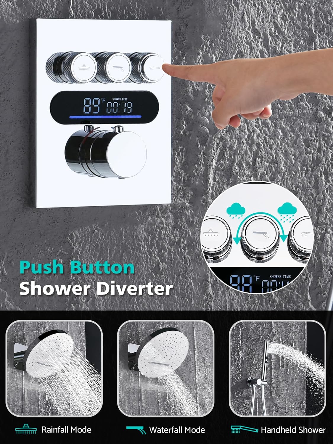 Lefton Shower System in Fahrenheit Display (Battery-free), 13” Overhead Round Rainfall Shower Head with All-in-one Handheld Spray Showerhead, 4-in-1 Control System, SSWM2501 (Chrome)