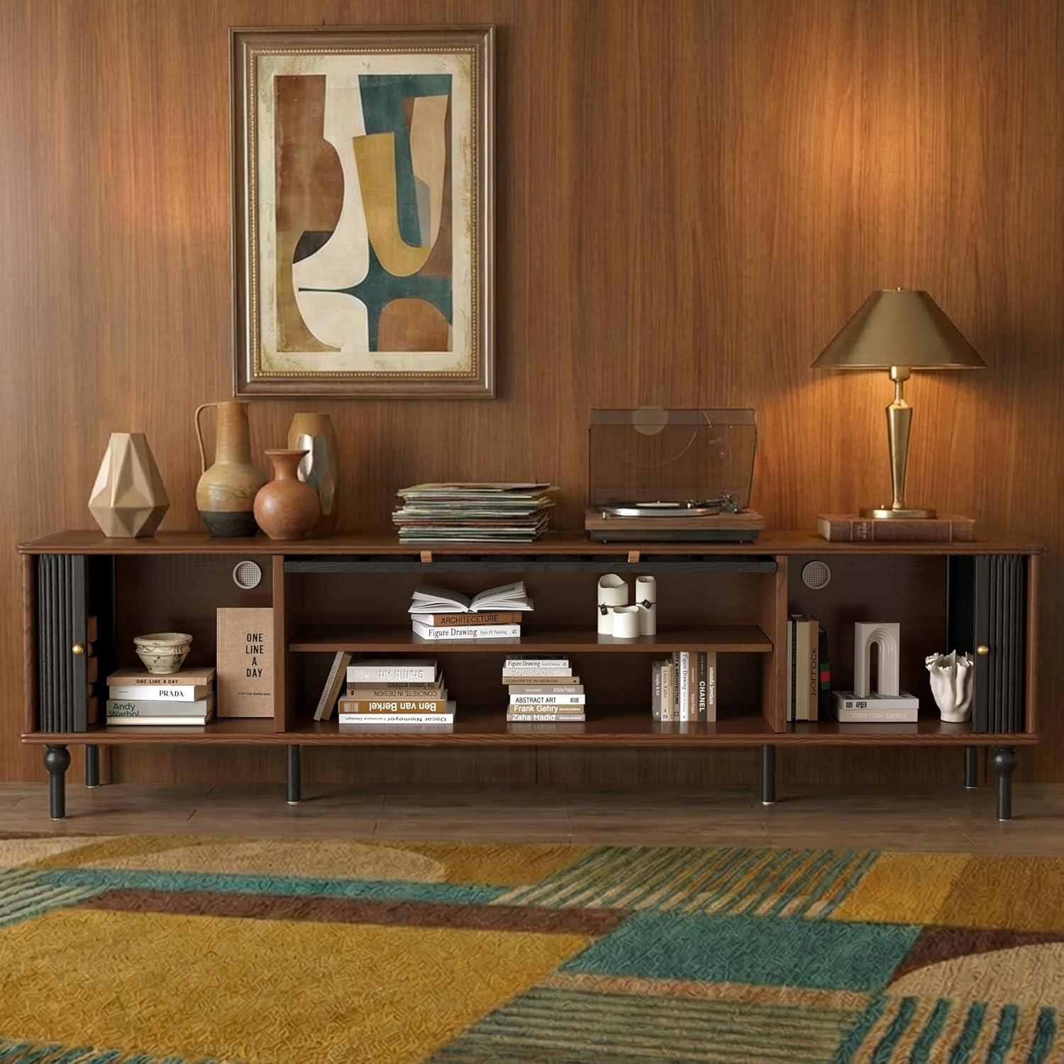 Modern Retro Living Room TV Cabinet, 78.74", Featuring Black Corrugated Panels and a Central Glass Display Door, with a Dual Rear Ventilation Design for Heat Dissipation.
