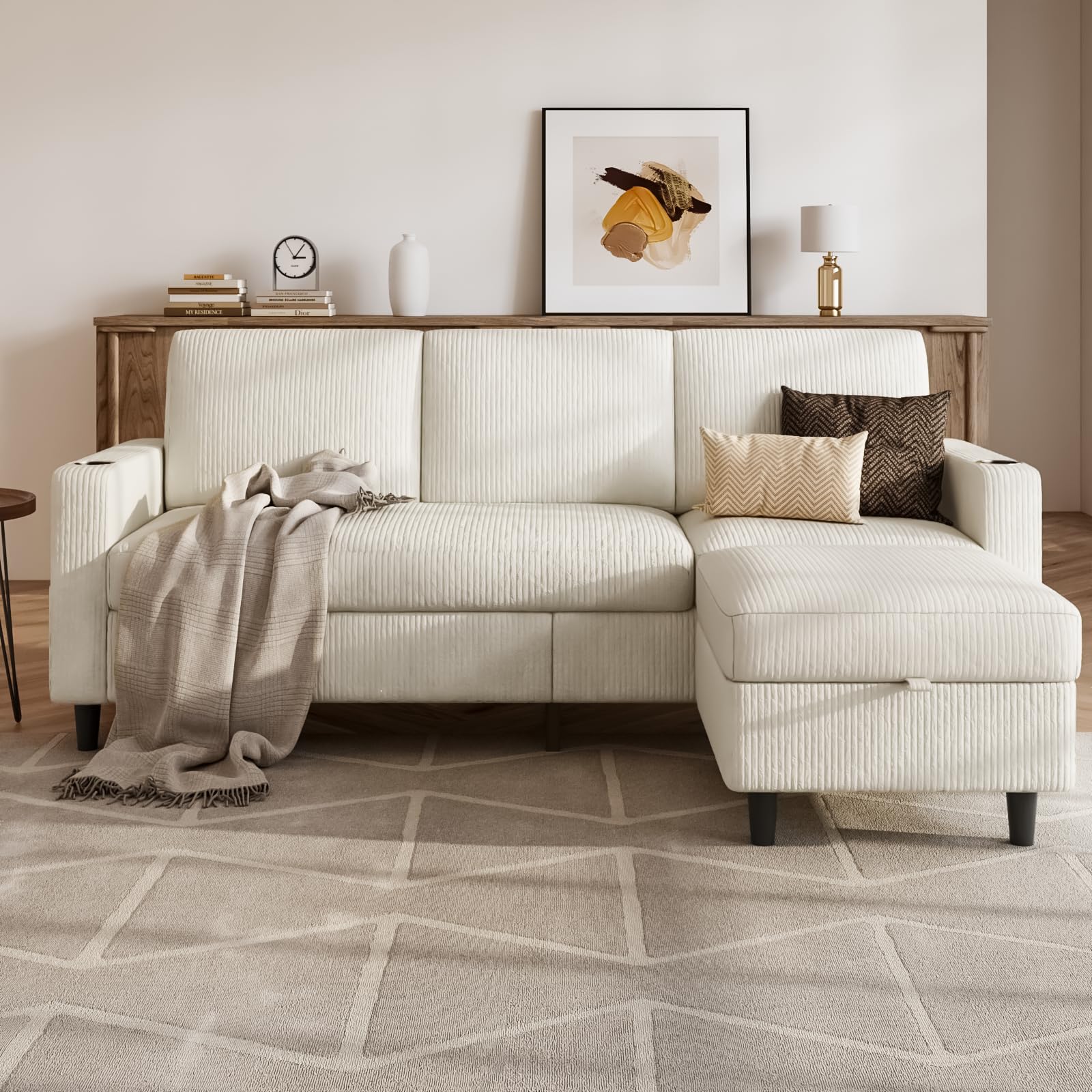 convertible sectional couches for living room, 3 seats l shaped sofa with storage ottoman & 2 cup holders, modern corduroy couch small sofas for small space, apartment, office, beige