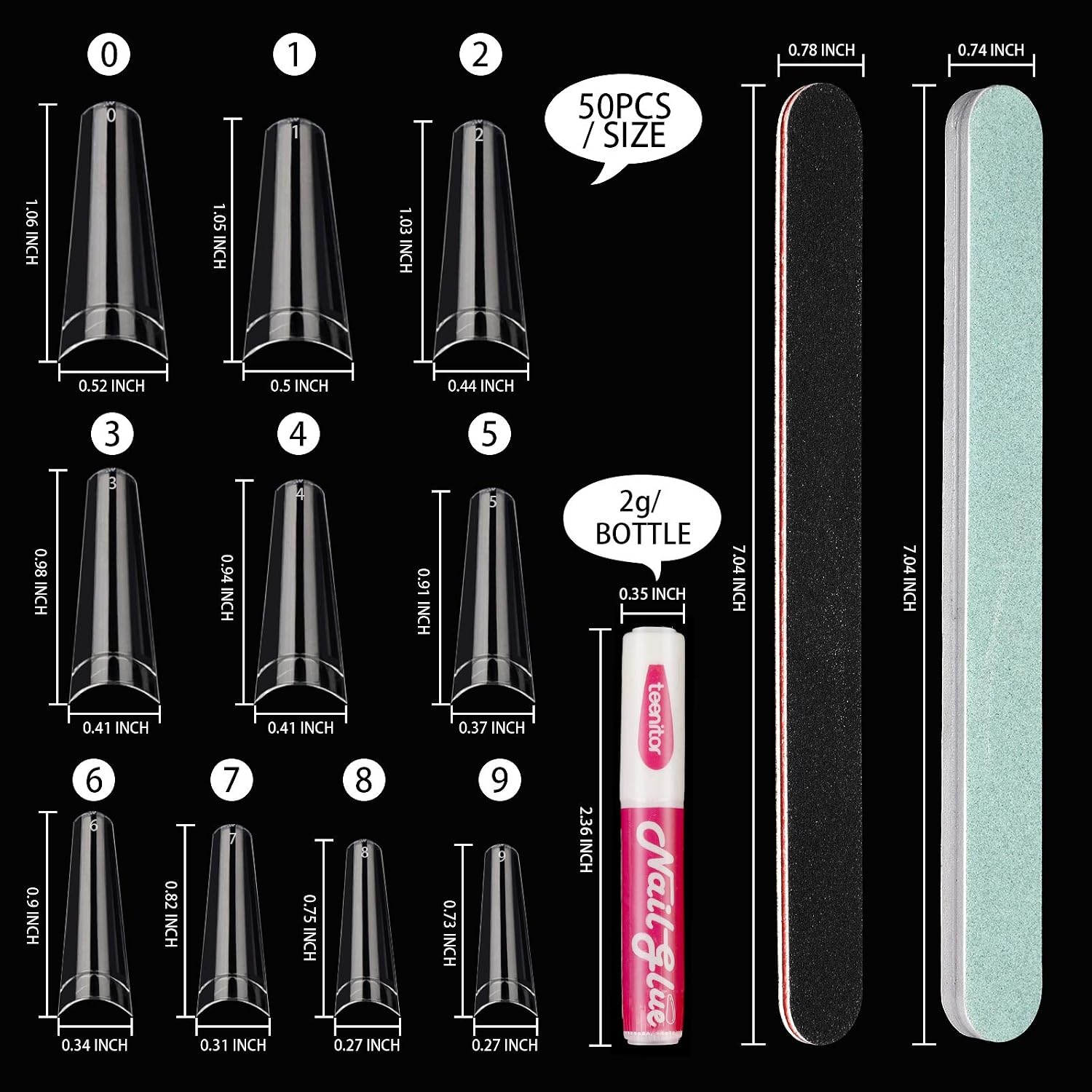 Clear Coffin Acrylic Nail Tip, 500pcs NEW UPGRADED Nail Tips and Glue French Fake Nail Starter Kit Professional Half Cover Long Coffin Nail Tips Press On Nails Nail File And Buffer