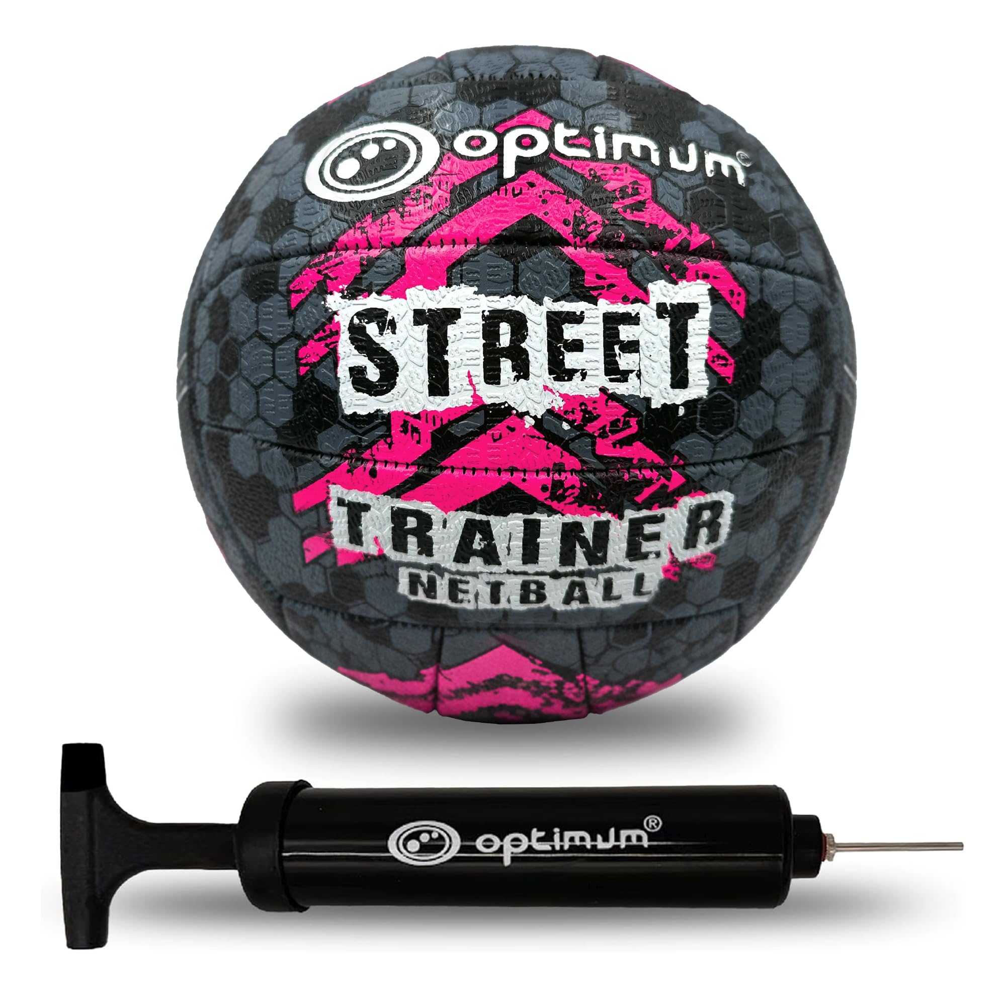 Optimum Street Netball with Pump – Hard-Wearing, Super-Grip & All-Weather Street, Training & Match Ball with Precision Scuff-Resistant Texture for Indoor & Outdoor Matches - Black/Pink, Size 5