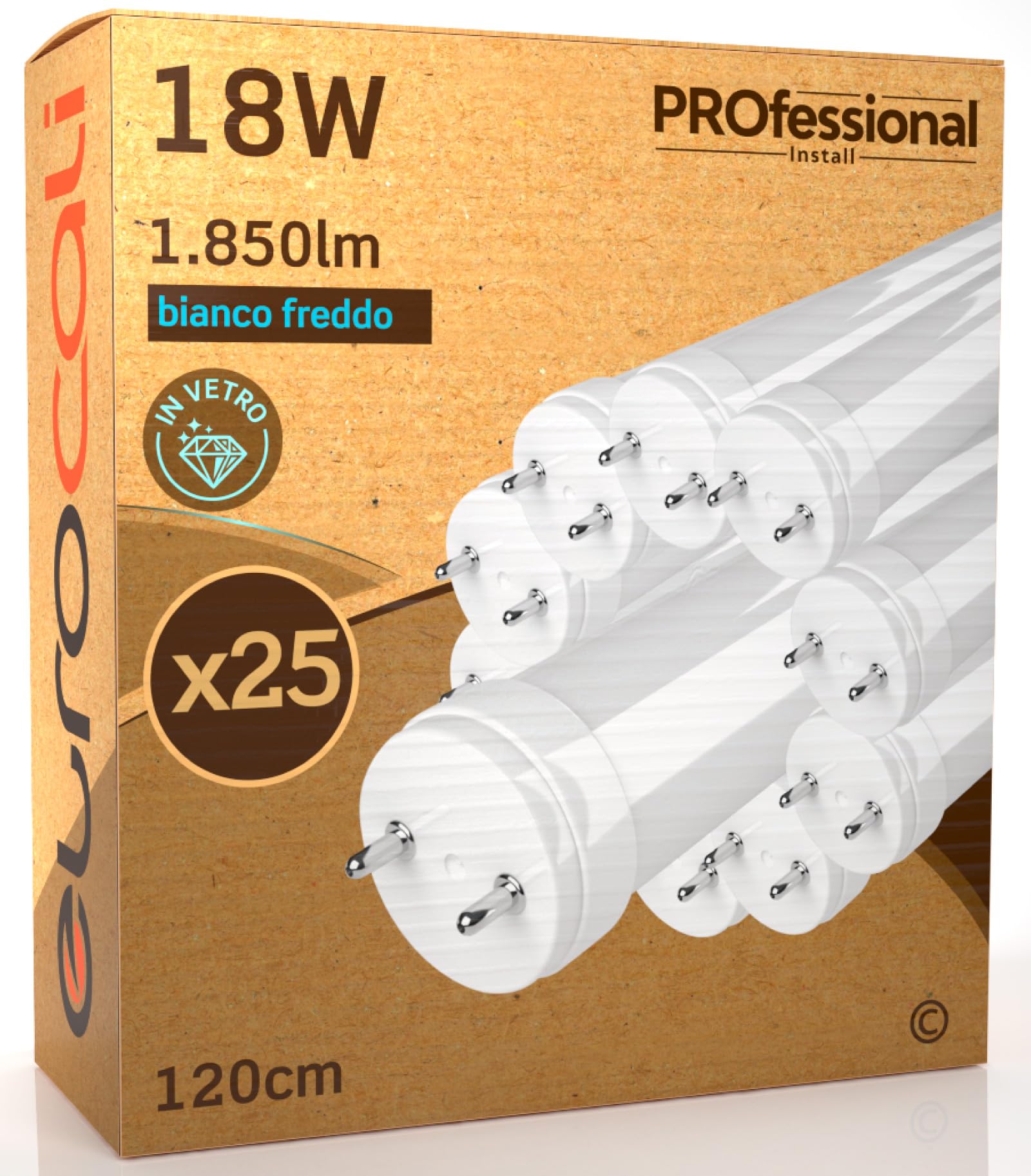 Eurocali Tubo LED 120 cm 18W in VETRO 1850 lumen Bianco Freddo 6500K - Sostituzione Neon T8 - Pacco da 25 tubi
