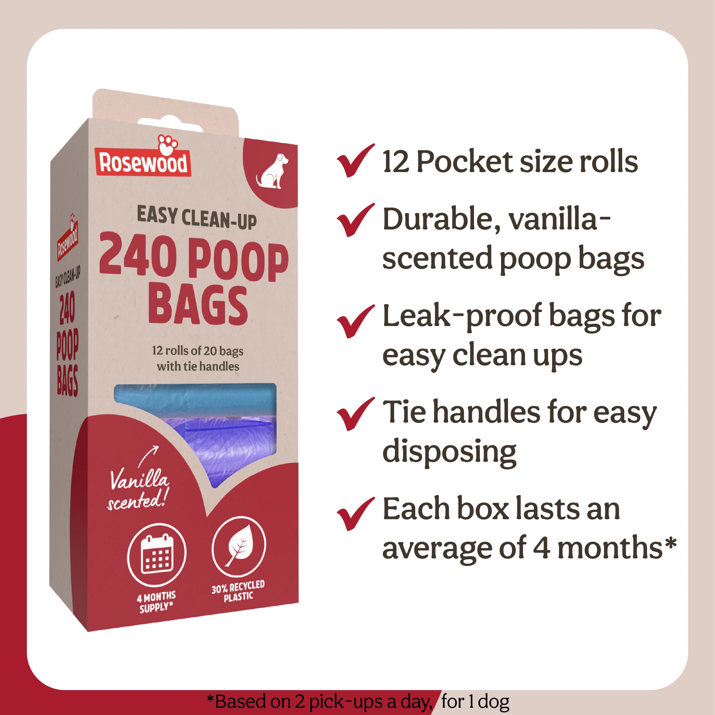 Rosewood Dog Poo Bags with Handles, 240 Easy Clean-Up Poop Bags, 12 Refill Rolls of Dog Waste Bags with Tie Handles - Image 4