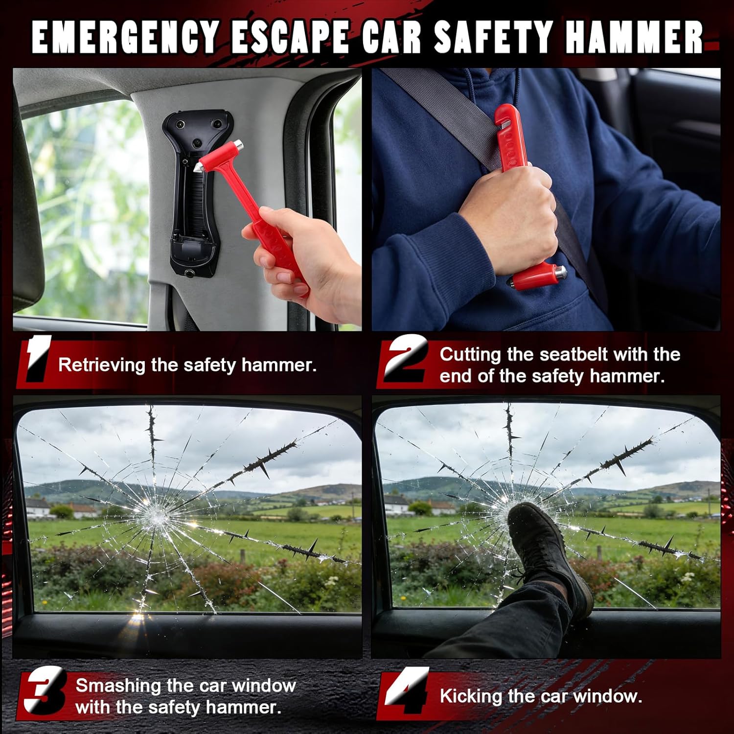 16 Pack Car Safety Hammer Seatbelt Cutter Bulk, 2-in-1 Auto Escape Tool, Car Window Breaker Hammer Striking Red Essential for Family Rescue Traffic Accident Escape
