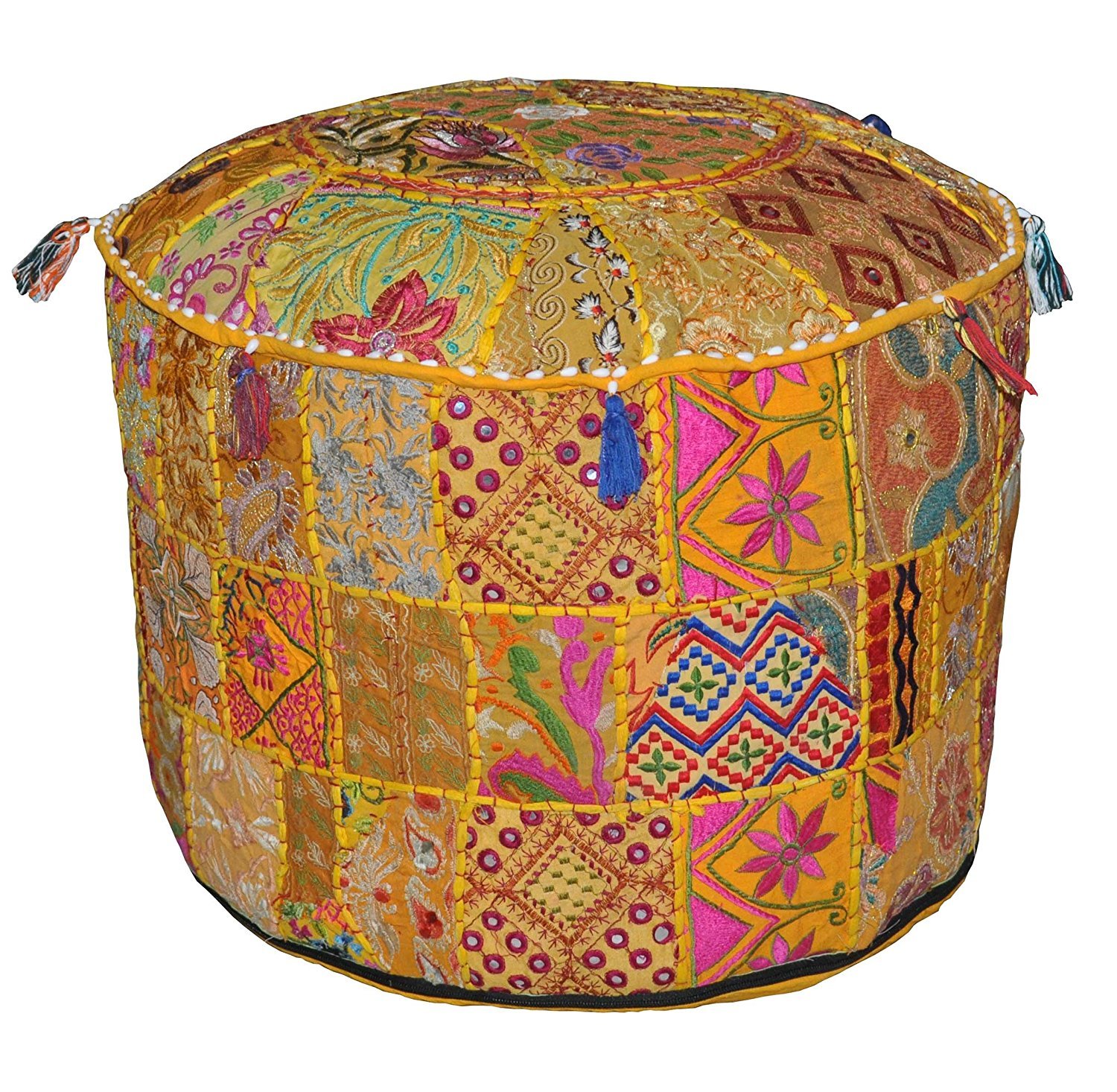 Sophia-Art Indian Embroidered Patchwork Cover Indian Decorative Pouf Indian Comfortable Floor Cotton Cushion Ottoman Pouf,Indian Designs Ethnic Patchwork Pouf (Yellow, 18"x13")-image-32