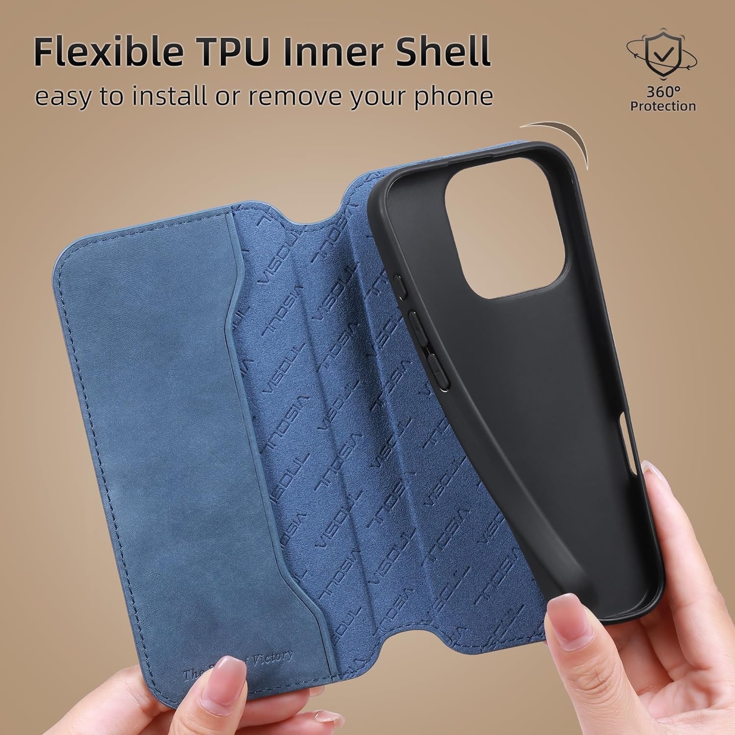 VISOUL Phone Case Wallet for iPhone 16 Pro Max 6.9", Genuine Leather Slim Folio Case with Card Holder Magnetic Soft TPU Flip Cover Compatible with iPhone 16 Pro Max (6.9 inch)-Blue