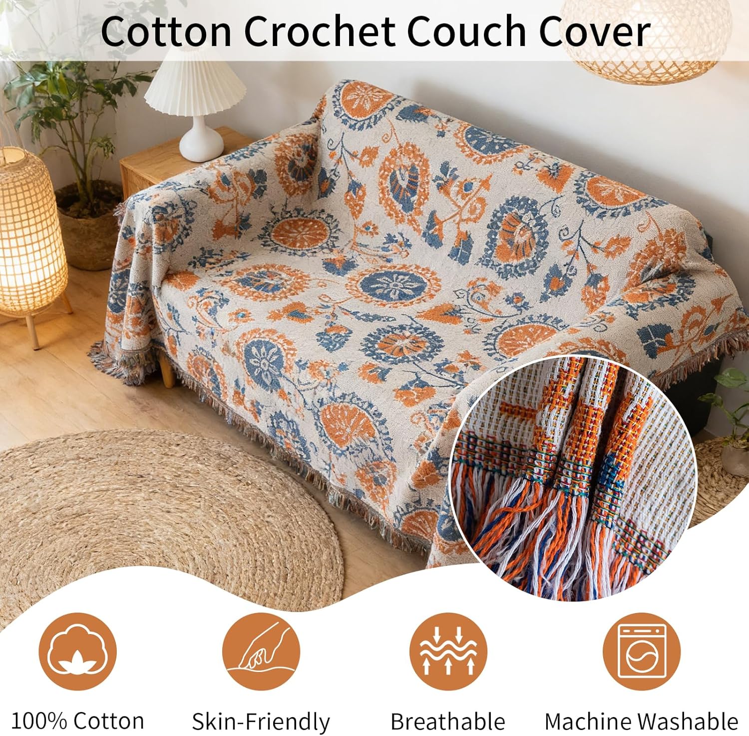 Universal Cotton Crochet Floral Sofa Cover, Machine Washable 1 Piece Durable Loveseat Cover, Blue Orange Furniture Protector for 2 Cushion Couch, 71"x118"