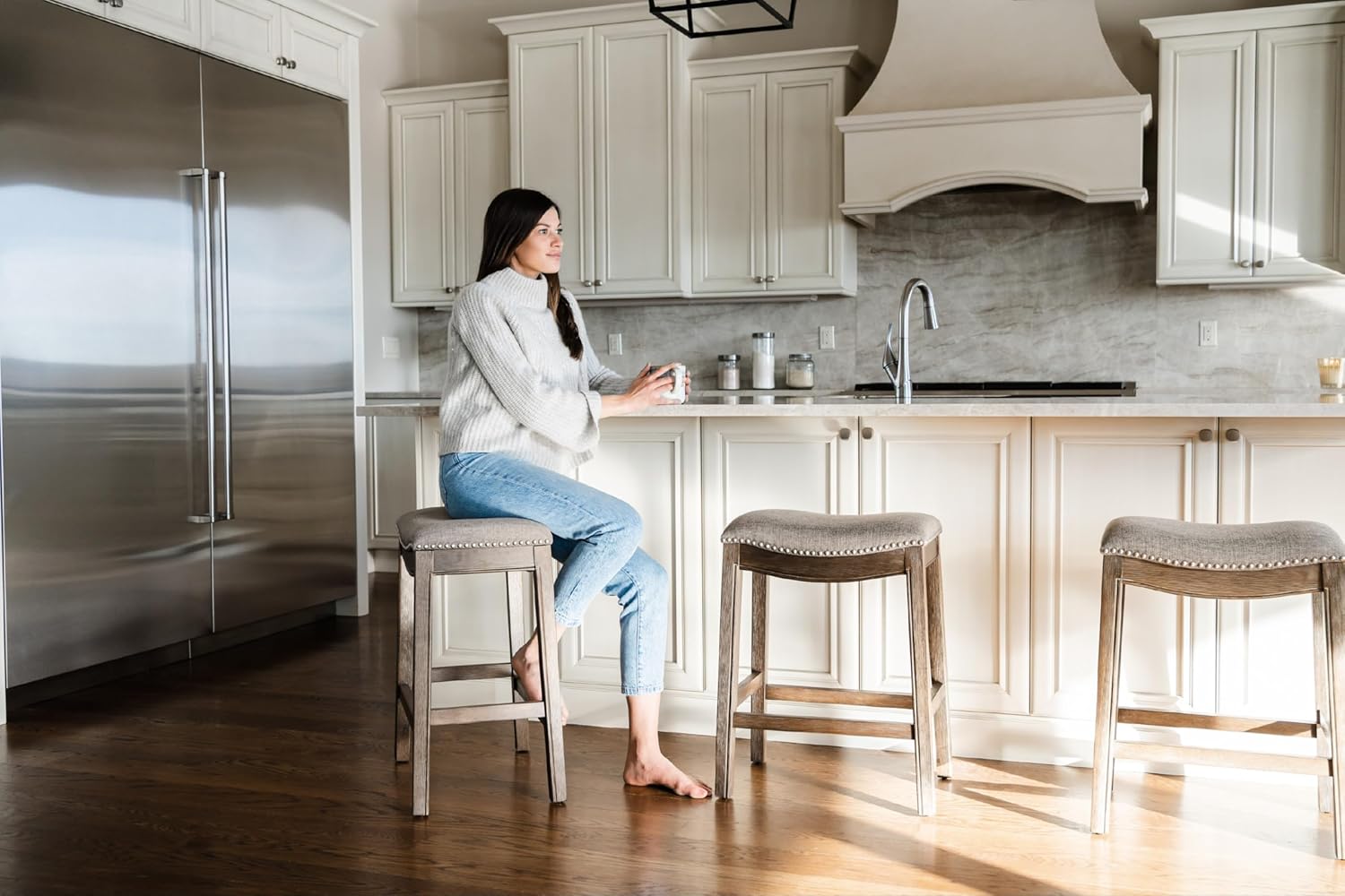 Maven Lane Adrien Backless Counter Stool – Set of 4 – 26 Inches – Saddle Stool with Footrest – Brown Solid Wood Frame & Grey Fabric Upholstery – Perfect for Kitchen Islands & Counters