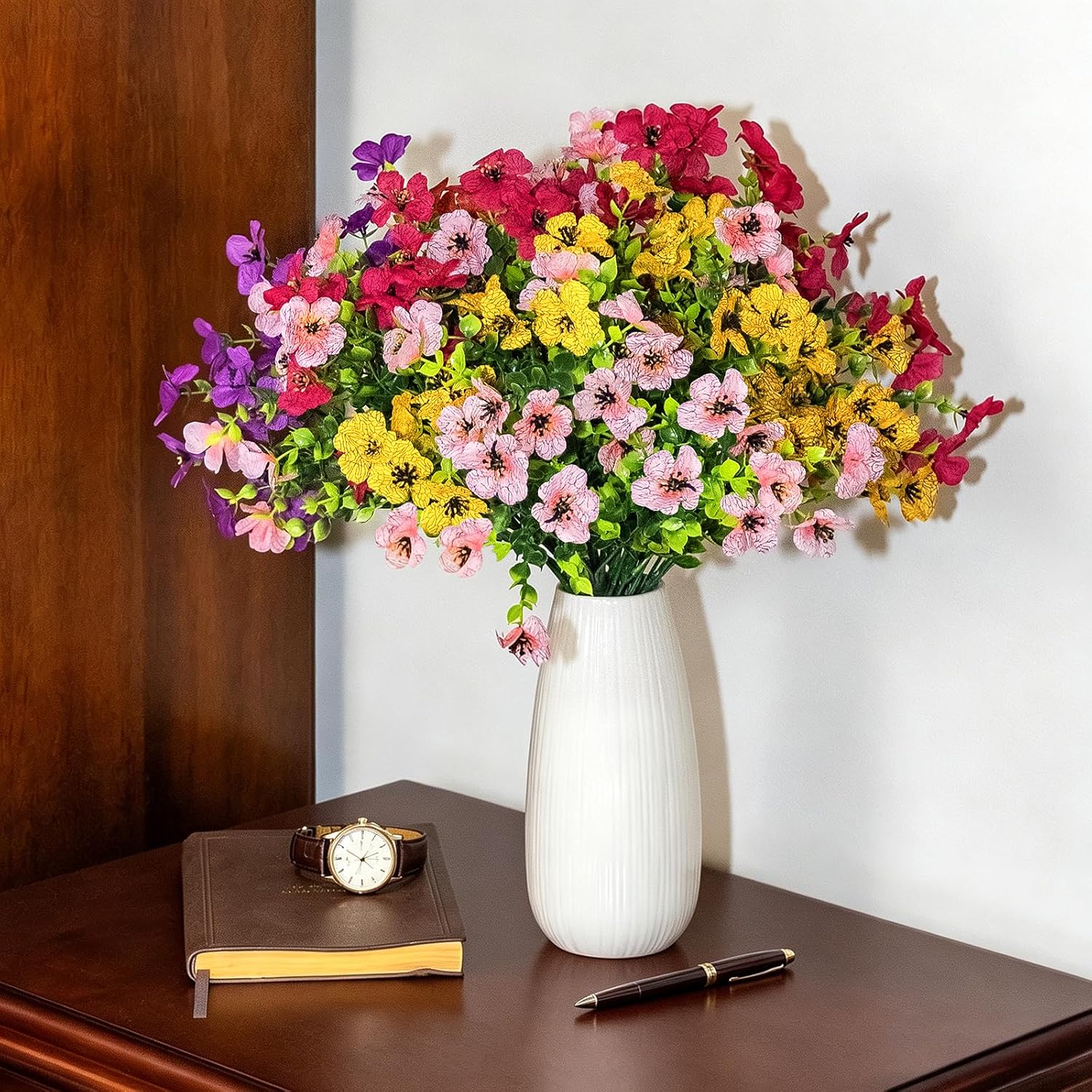 CLEANGOR 24 Bundles Artificial Flowers for Outdoors, UV Resistant Artificial Outdoor Plants, Fake Daisy with Eucalyptus Leaves, for Spring Summer Garden, Porch, Window Box, Home Decor (6 Color)