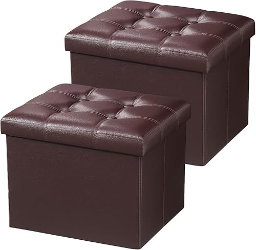 Miniatura 22 de AmasSmile Taburete plegable otomano de almacenamiento, reposapiés de cuero, taburete otomano corto, almacenamiento de reposapiés, libros (negro, 17