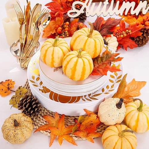 Miniatura 8 de Juego de 125 platos y cubiertos de plástico blanco y dorado para Acción de Gracias y fiesta