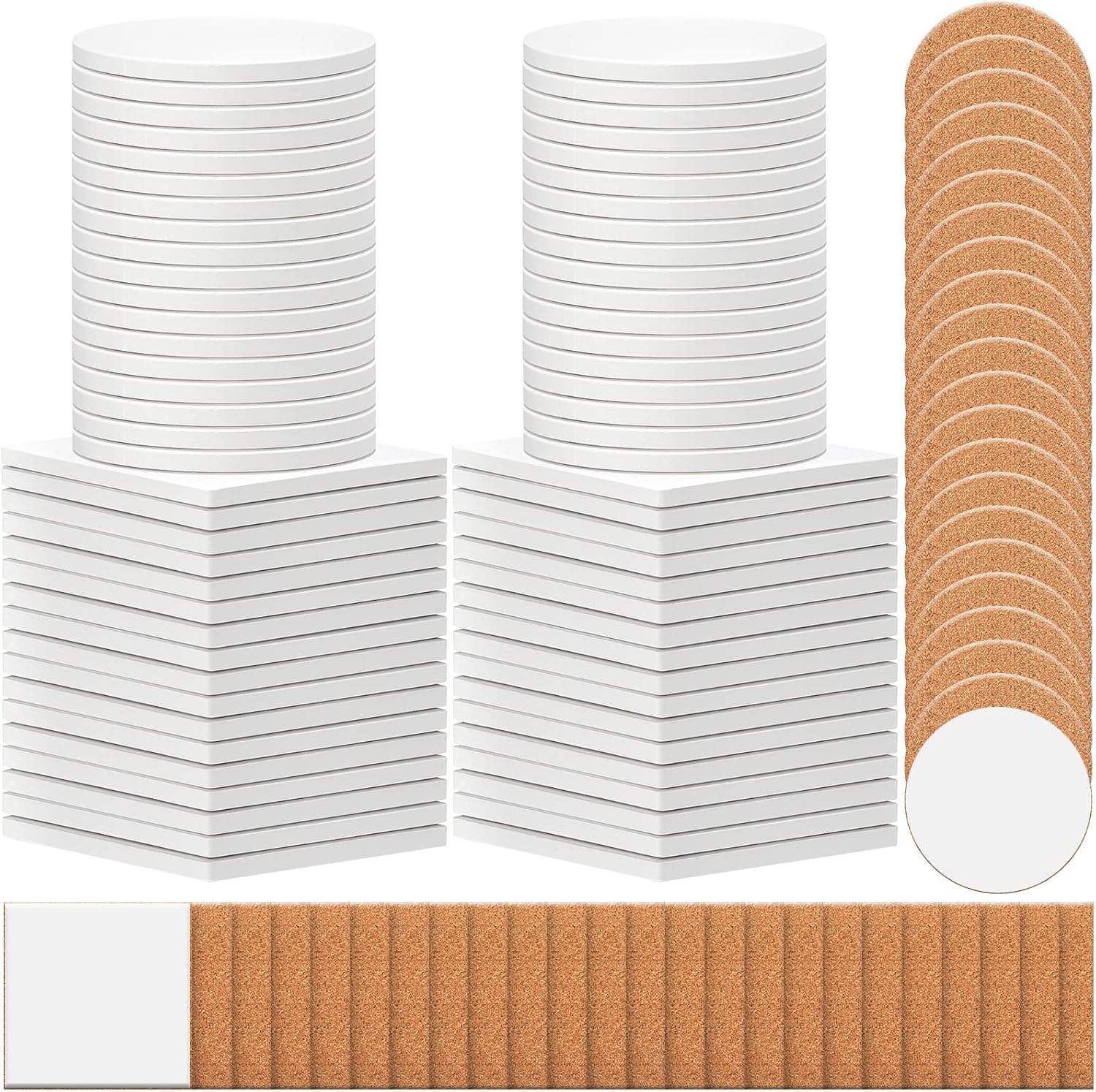 Zopeal 96 Pcs Ceramic Tiles for Crafts Coasters Include Unglazed White Ceramic Tiles with Cork Backing Pads Use with Alcohol Ink Acrylic Pouring for DIY Project Gift (Square,Round)