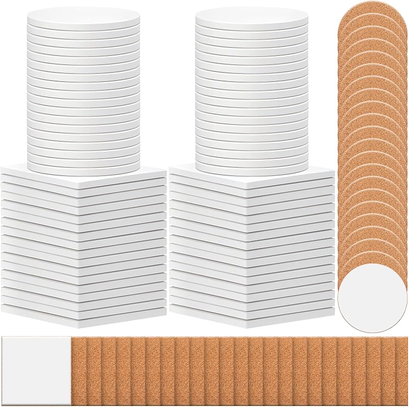 Zopeal 96 Pcs Ceramic Tiles for Crafts Coasters Unglazed,Square,Round | White Coaster Tiles with Cork Backing Pads, Alcohol Ink Acrylic Pouring DIY Projects, Unglazed Surface Ideal for Gifts