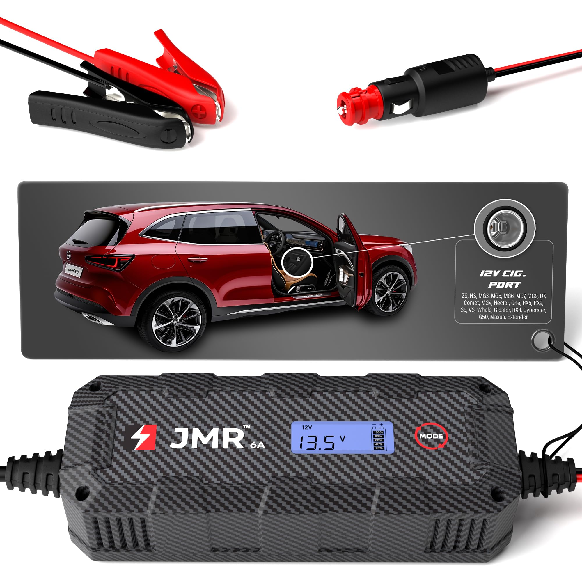 JMR Battery Charger for MG ZS HS MG3 MG5 MG6 MG7 MG9 D7 Comet MG4 Hector One RX5 RX9 S9 VS Whale Gloster All Models Trickle Charger Conditioner Maintainer (No Lithium Mode)
