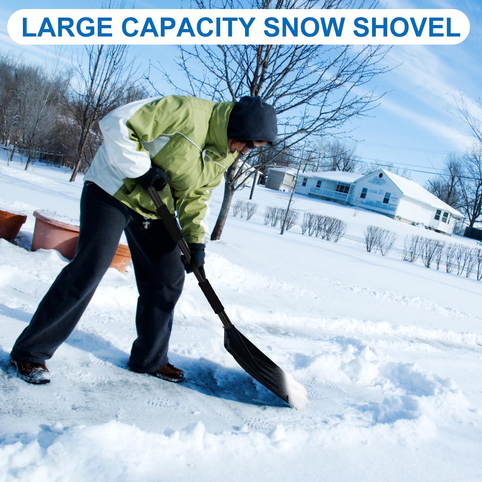 Set da neve 3-in-1, pala da neve retrattile con raschietto per ghiaccio e spazzola per neve per ghiaccio, neve, auto, vialetto, granulometria con sacca di stoccaggio e guanti (nero)