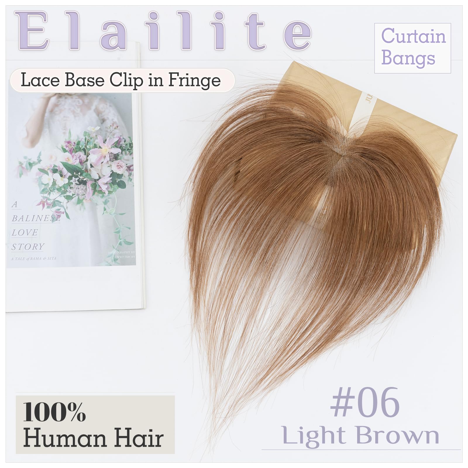 Elailite Real Hair Fringe Clip in Human Hair Side Bangs Split Curtain Bangs Real Hair Lace Base 360°Cover Top HairPieces 8 Inch - Image 3