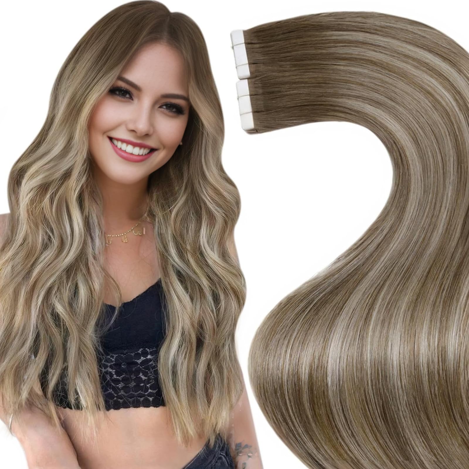 LaaVoo Tape in Hair Extensions Human Hair Balayage Tape Hair Extensions Real Human Hair Invisible Tapes Remy Straight Brown to Light Blonde Hair Double Sided Tabs 20pcs 50g 16 Inch #8/60/8