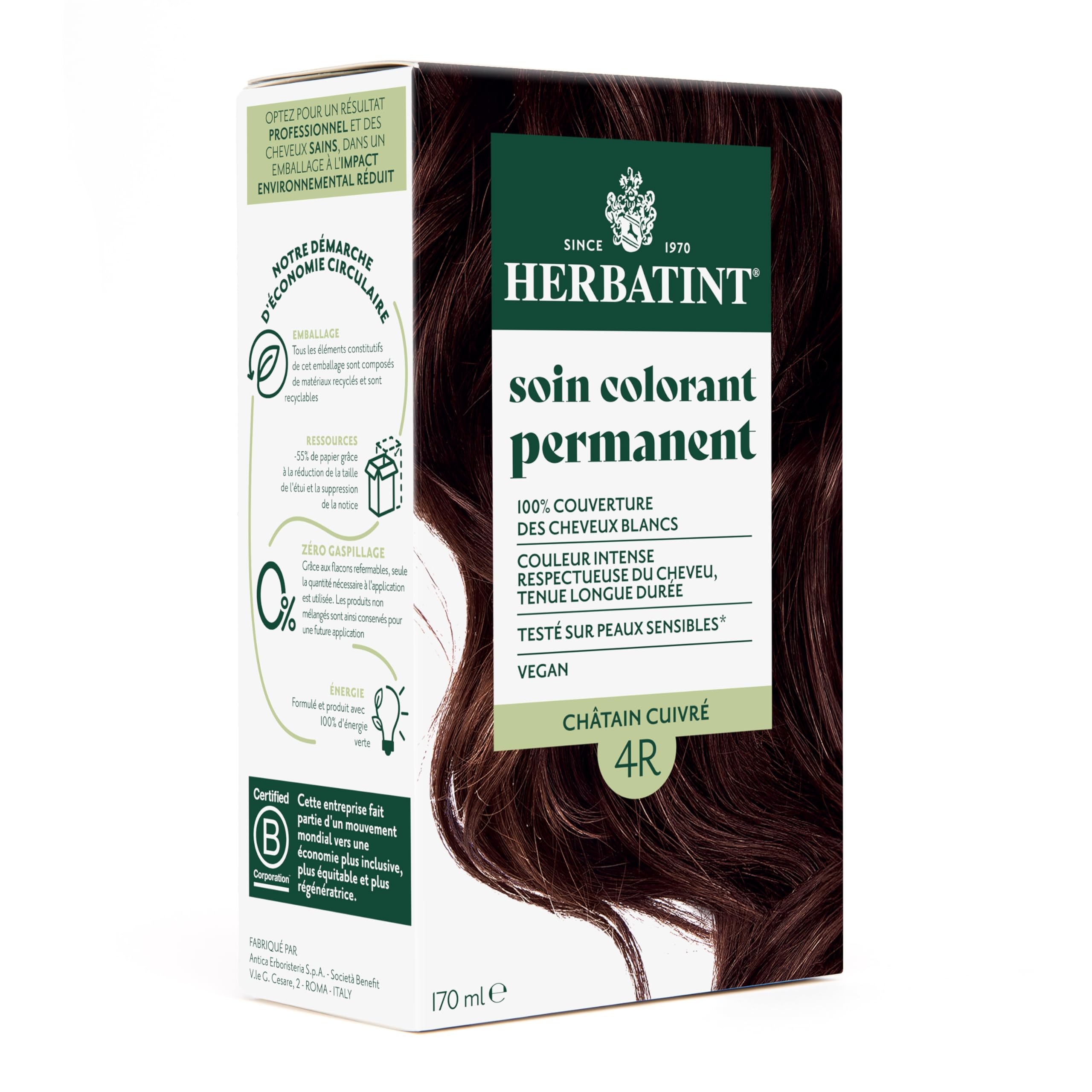 Herbatint Soin Colorant Permanent Cheveux 4R Châtain Cuivré - 170 ml | Sans Ammoniaque, 100% Couverture des Cheveux Blancs | Testé Dermatologiquement pour Peaux Sensibles, avec 8 Extraits Végétaux Bio