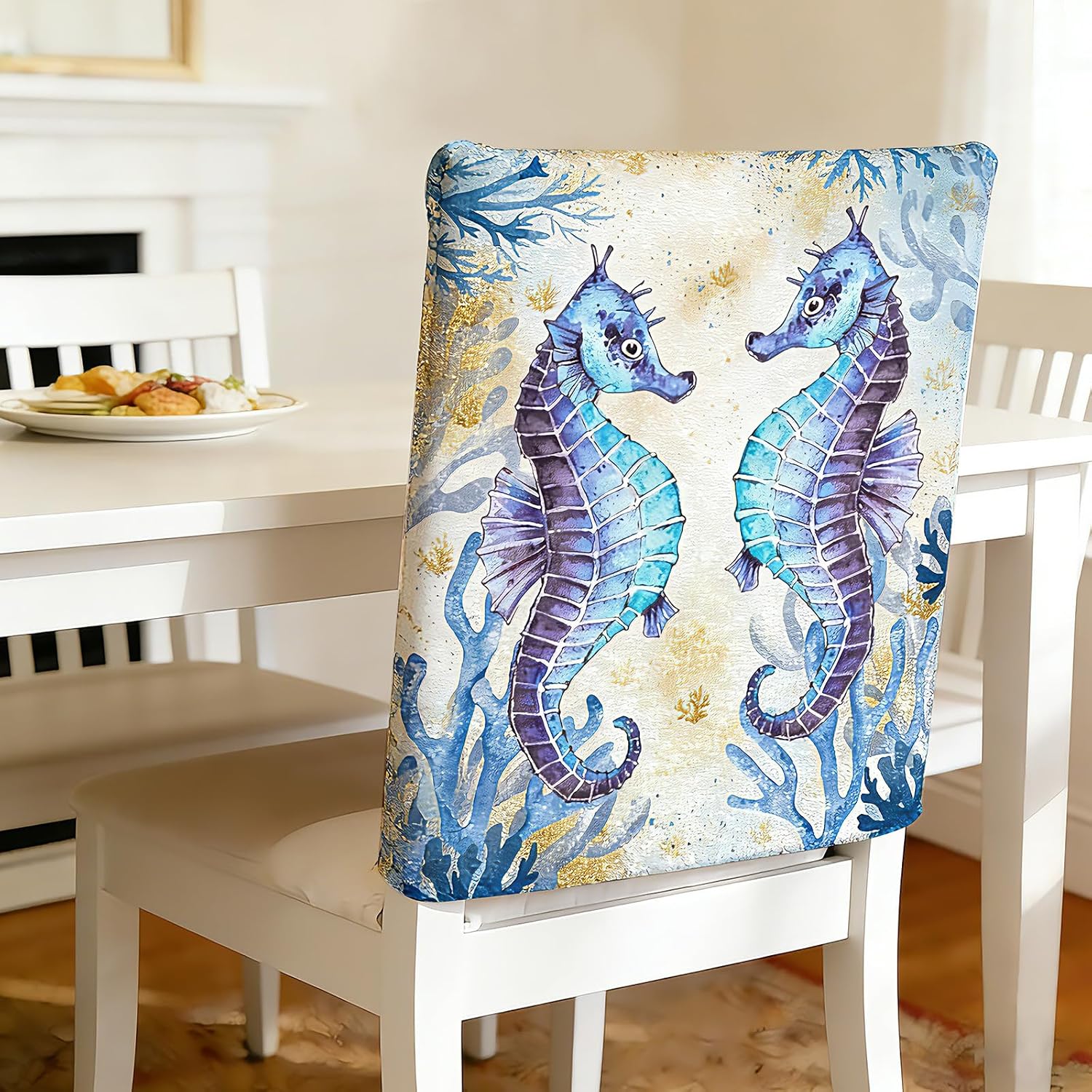 Ocean Themed Party Decorations – 6-Pack Blue Polyester Dining Chair Slipcovers with 6 Marine Life Designs for Under the Sea Birthday, Beach Party, Ocean Baby Shower Decor – 23.6x19.7 Inch