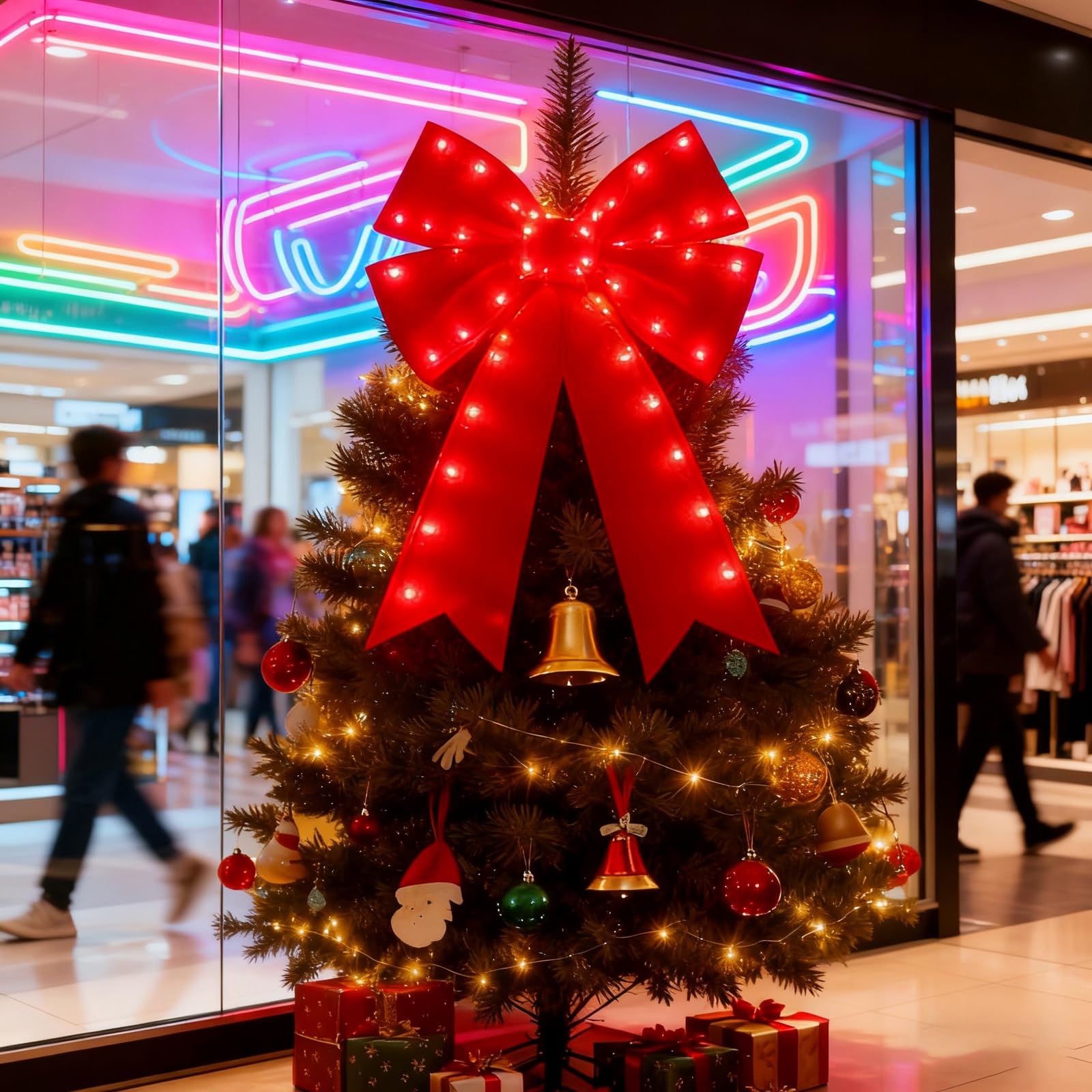 Puntale per albero di Natale con fiocco rosso illuminato a LED, da appendere, decorazione per la casa, per vacanze e feste invernali (rosso 1, 59 x 41 cm)