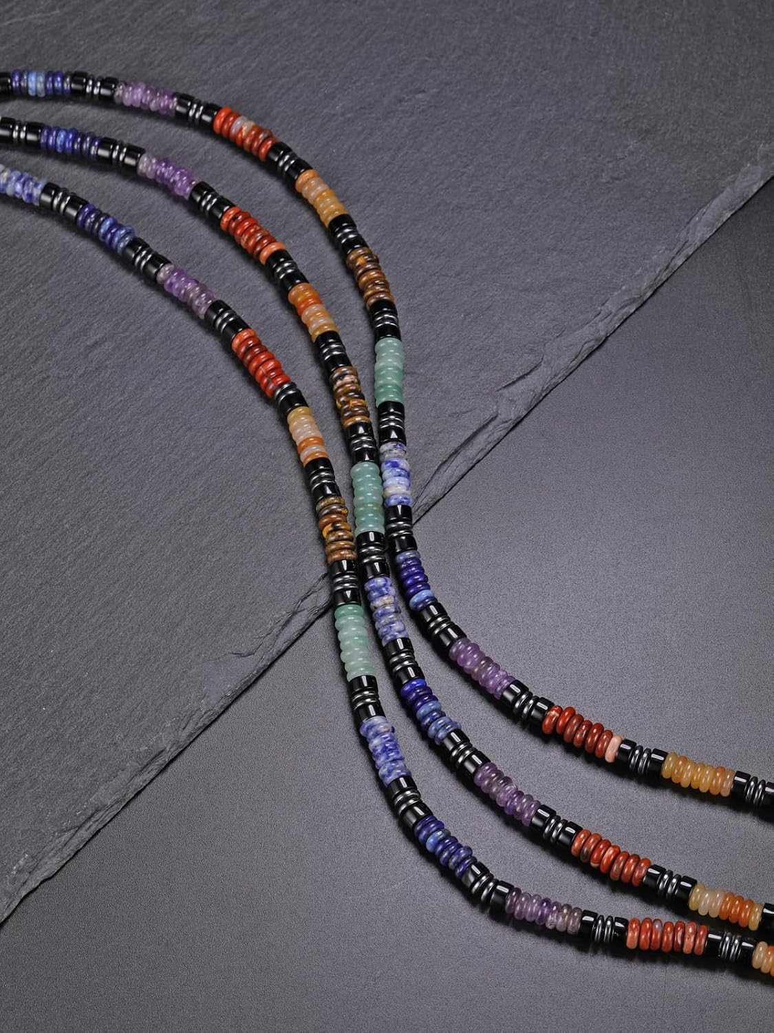 Jovivi Mens Healing Crystal Black Obsidian Tigers Eye 7 Chakra Gemstone Beaded Necklace Natural Stone Beads Necklace Triple Protection Jewelry Gifts for Men Stress Relief,Balance