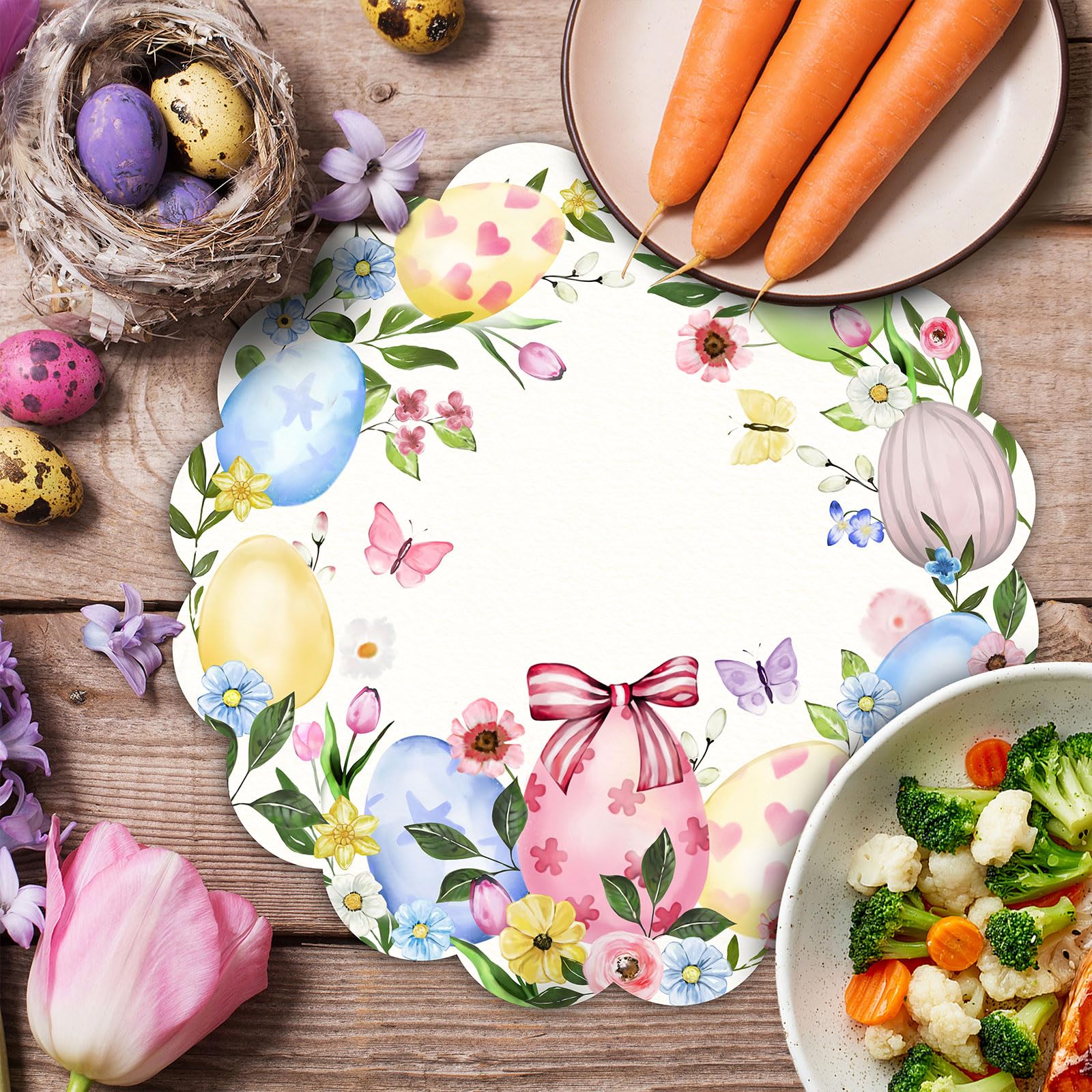 Lot de 50 sets de table jetables en papier avec lapins colorés - Motif œufs de Pâques - 34 cm - Pour mariage, vacances, fête, cuisine, salle à manger