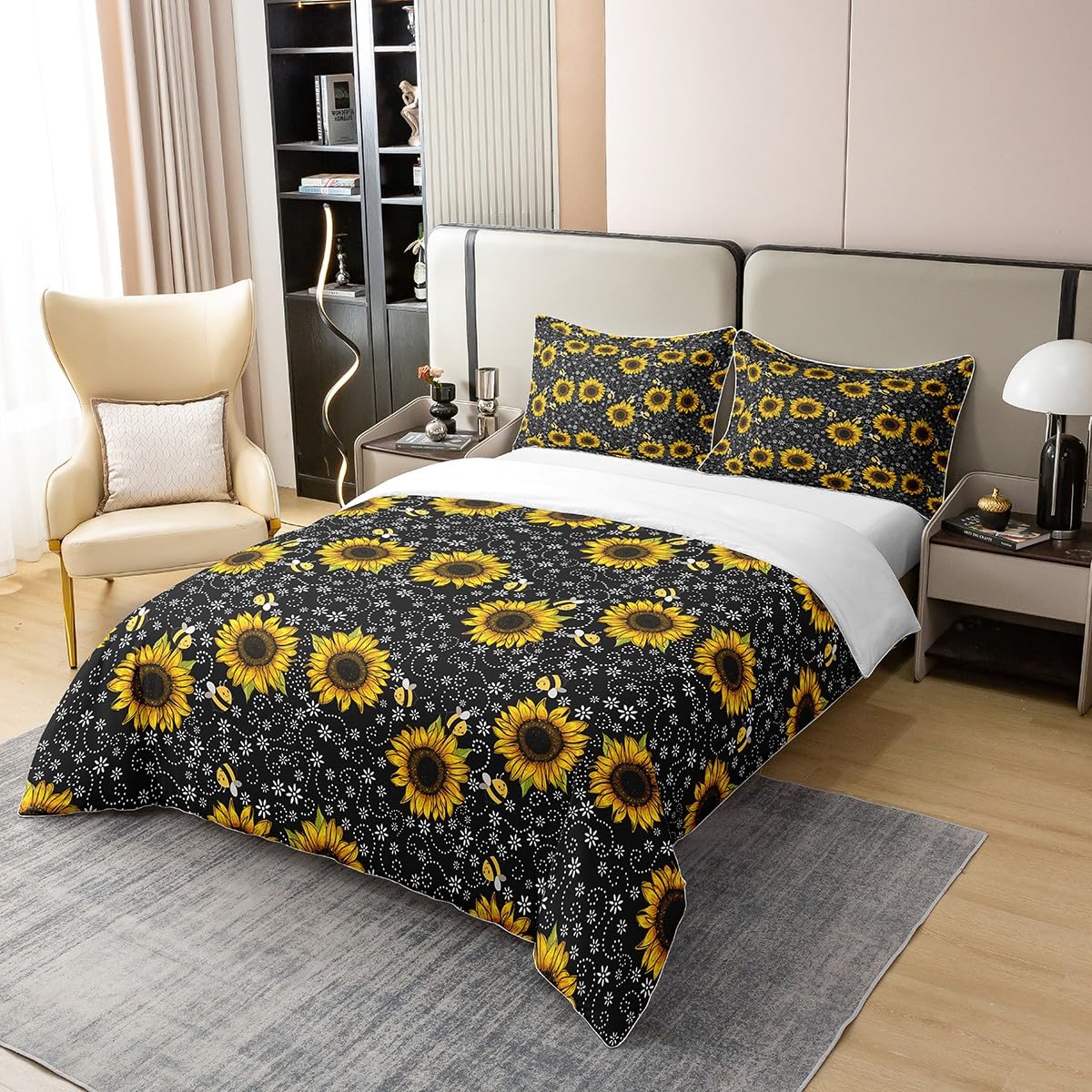 Loussiesd Sunflower Cotton Duvet Cover Set Set King Size, Cute Bees Floral Comforter, Yellow Flower Daisy Botanical Bee Decorative Cotton Duvet Cover Set for Kids Girls Boys White Black Duvet Set