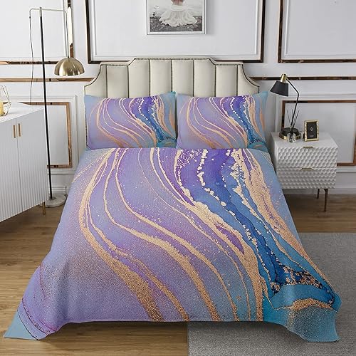 Miniatura 2 de Erosebridal Juego de colcha de mármol tamaño Queen con diseño de mármol morado y azul, juego de edredón de lentejuelas bronceadas con grano de