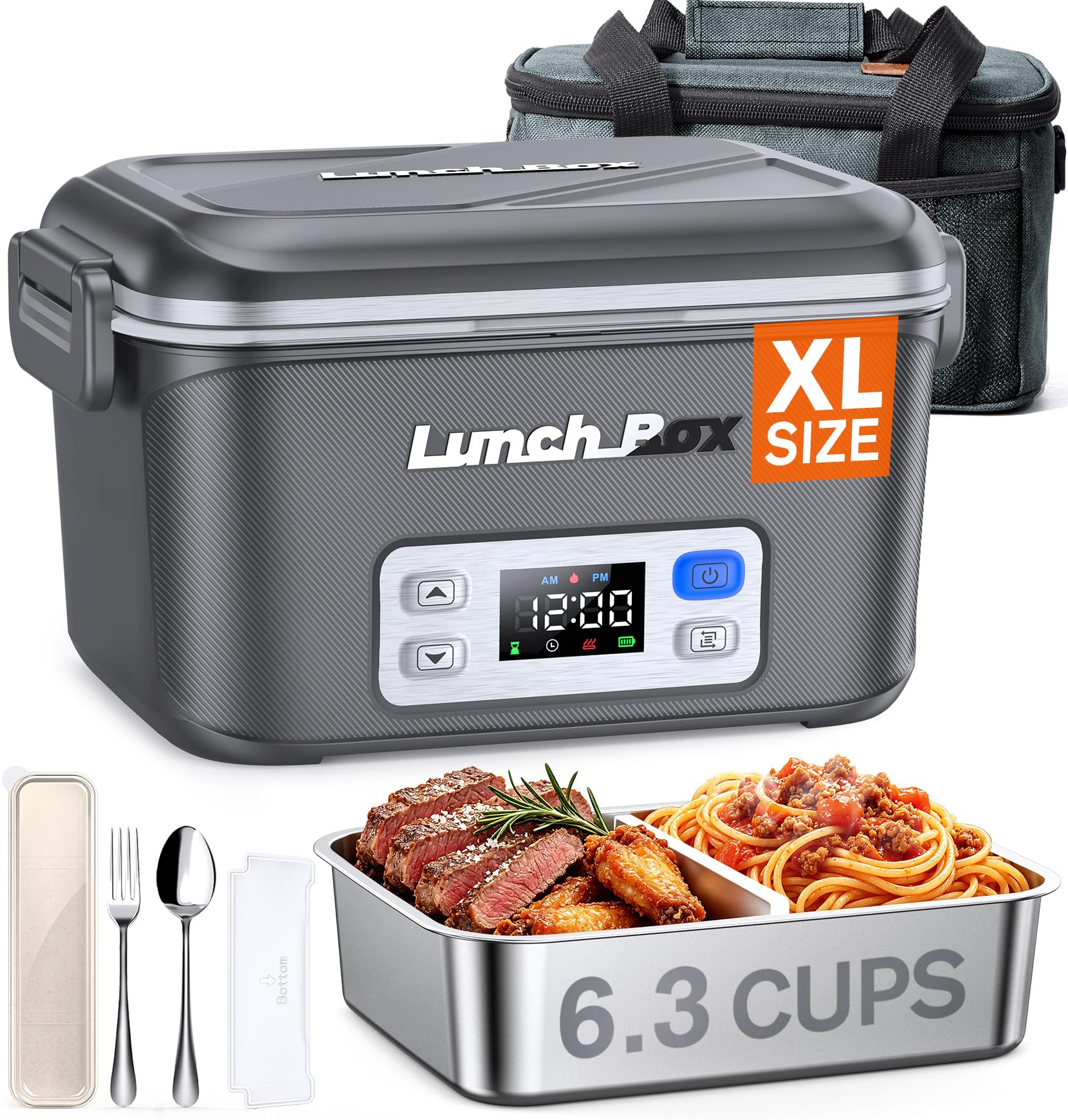 BYLTRNOW Cordless Electric Lunch Box Rechargeable, 1.5L, 27000mAh, 220°F (Grey)