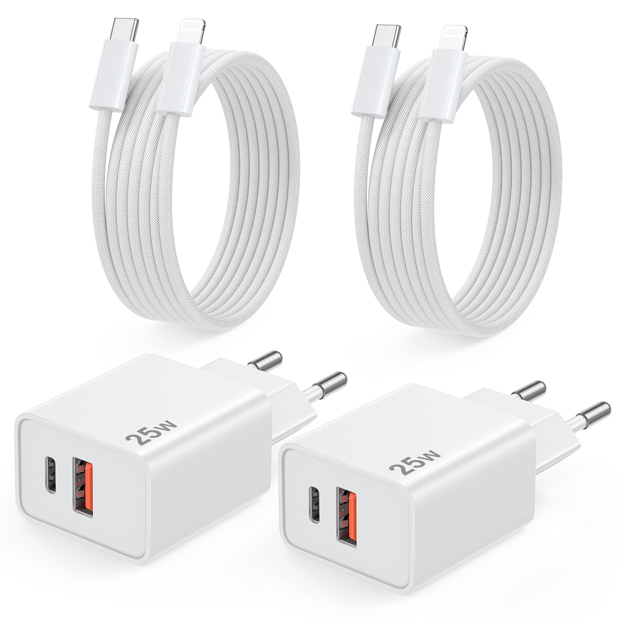 Schnellladegerät und Ladekabel for iPhone 2er Pack 25W Ladegerät mit 2M Schnellladekabel USB C Schnellladegerät mit USB C auf Lightning Kabel für iPhone 14 13 12 11 Pro Max XS XR X 8 7 6 Plus 5 iPad