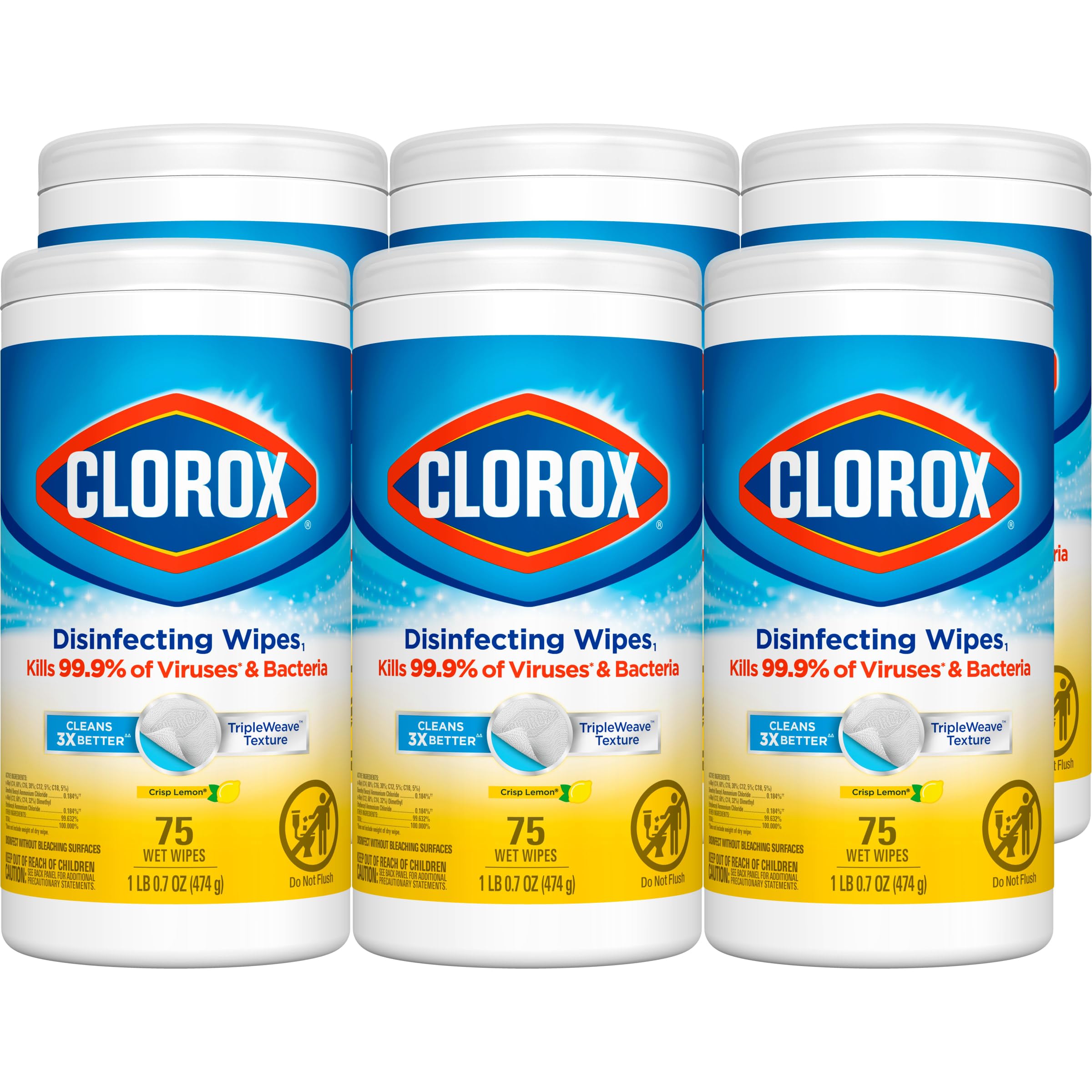 Clorox Disinfecting Cleaning Wipes Bleach Free Crisp Lemon 75 Count Pack of 6 Pack May Vary
