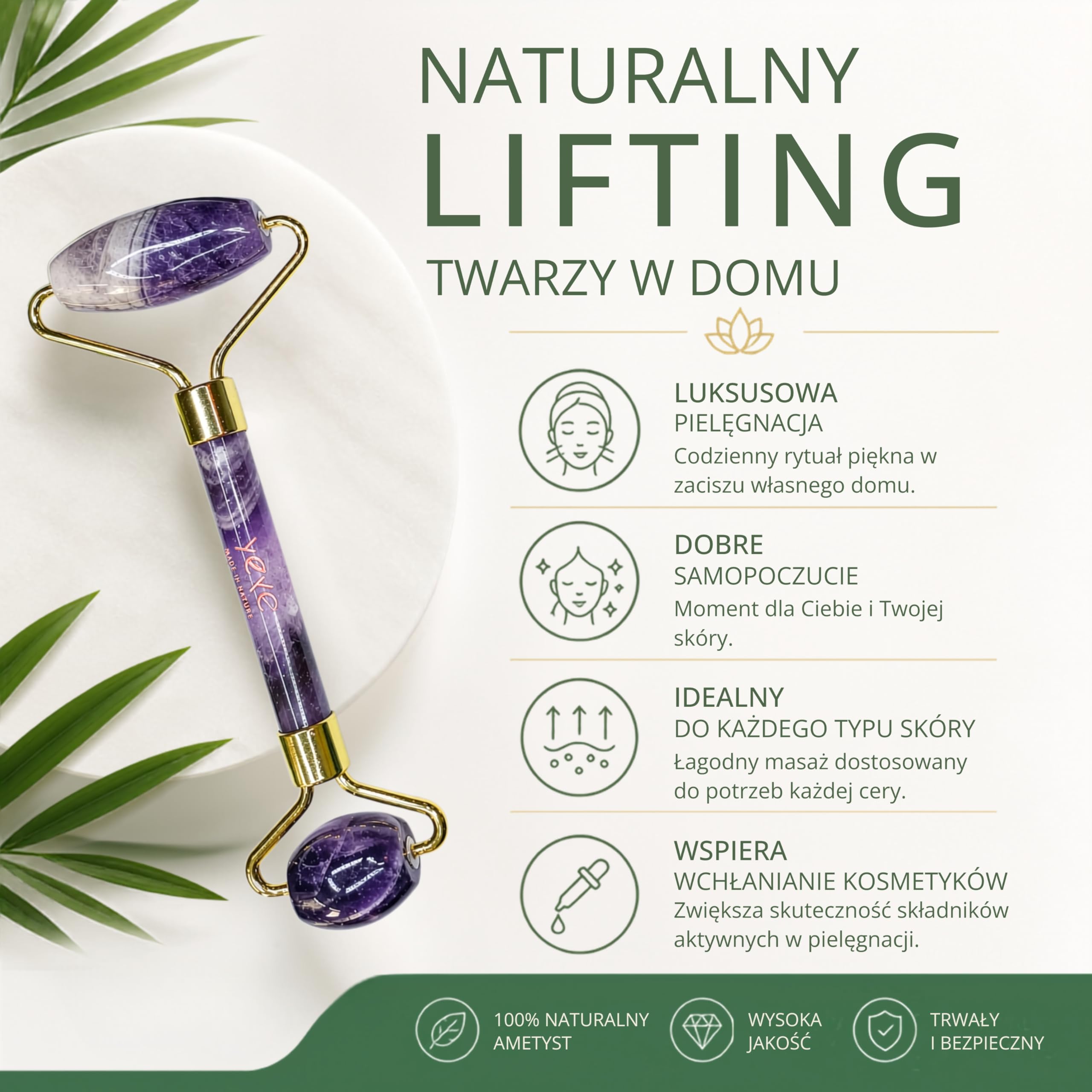 YEYE Made in Nature, rullo per massaggi viso in ametista viola naturale, rullo per massaggio facciale, lifting, levigante, migliora la circolazione, elimina le rughe, per la cura quotidiana