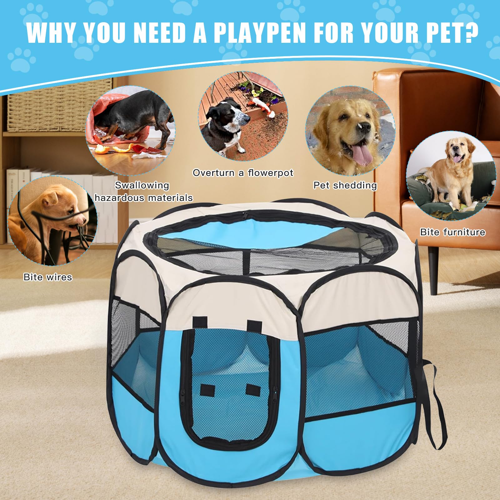 Recinto Cani da Interno, Recinto Pieghevole per Cani e Gatti, Recinti Gioco per Cane, Box Pieghevole per Cane, Portatile Recinto per Animali pour Gatti, Cani, Conigli (Blu Recinti, S)