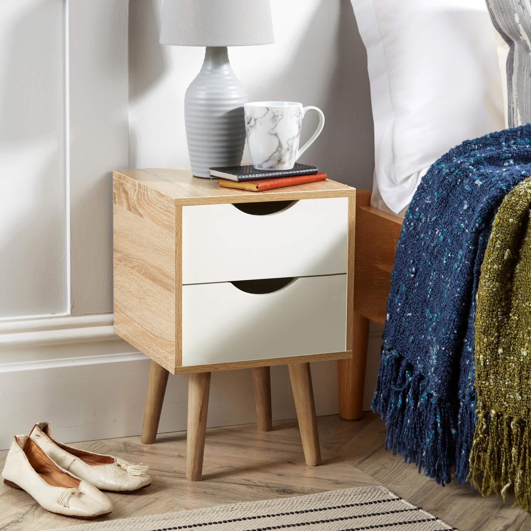Home Source Bedside Cabinet 2 Drawer Oak Lamp Side Table Solid Wood Legs Scandi Style White
