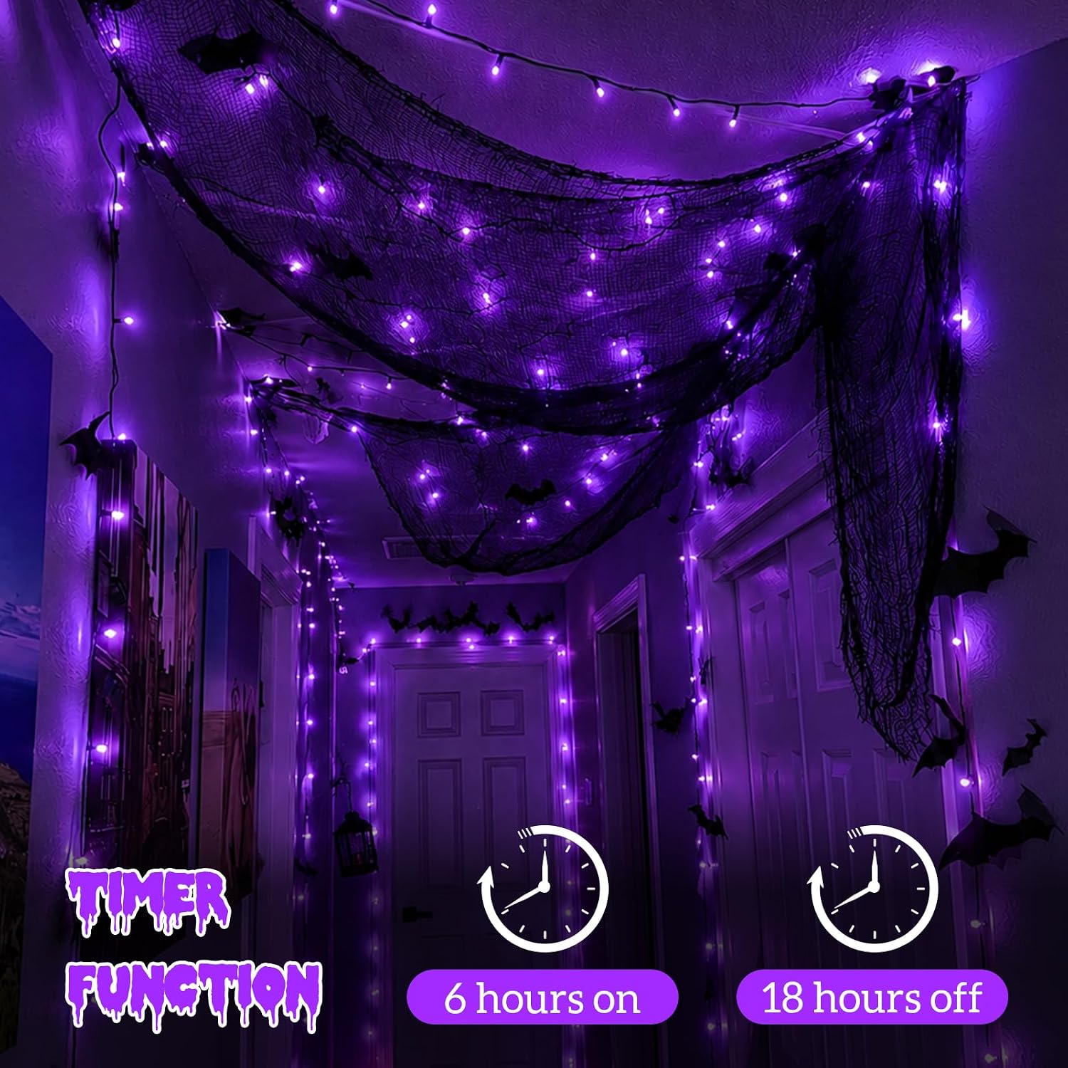 QITONG Halloween String Lights Battery Operated, 4 Pack each16ft 50 LED Purple led Lights, 8 Modes Twinkle Lights with Green Wire Outdoor Indoor