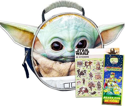 Mandalorian Baby Yoda - Lonchera para niños y niñas, bolsa de almuerzo con aislamiento prémium de Star Wars con calcomanías (suministros escolares